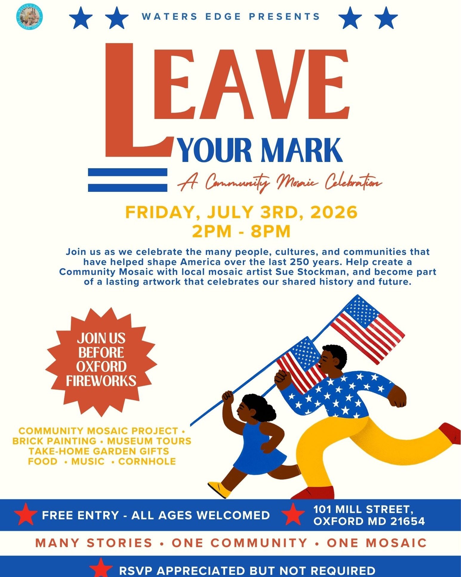 Join us July 3rd for Leave Your Mark , a free community celebration of America&rsquo;s 250th anniversary!

Help create a community mosaic with artist Sue Stockman, paint a legacy brick, enjoy food, tours, and garden activities, and connect with neigh
