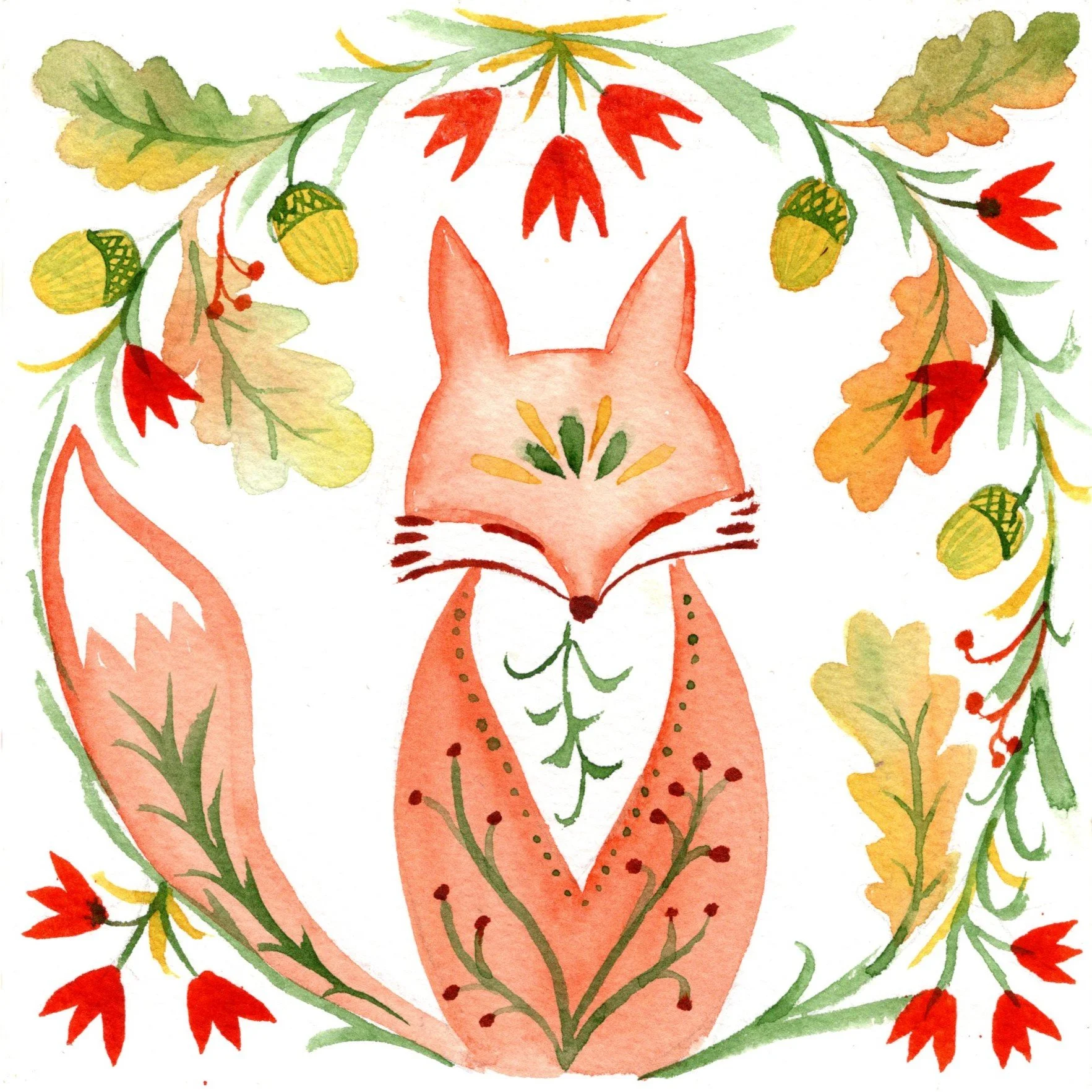 Painting of a fox with leaves and acorns.
