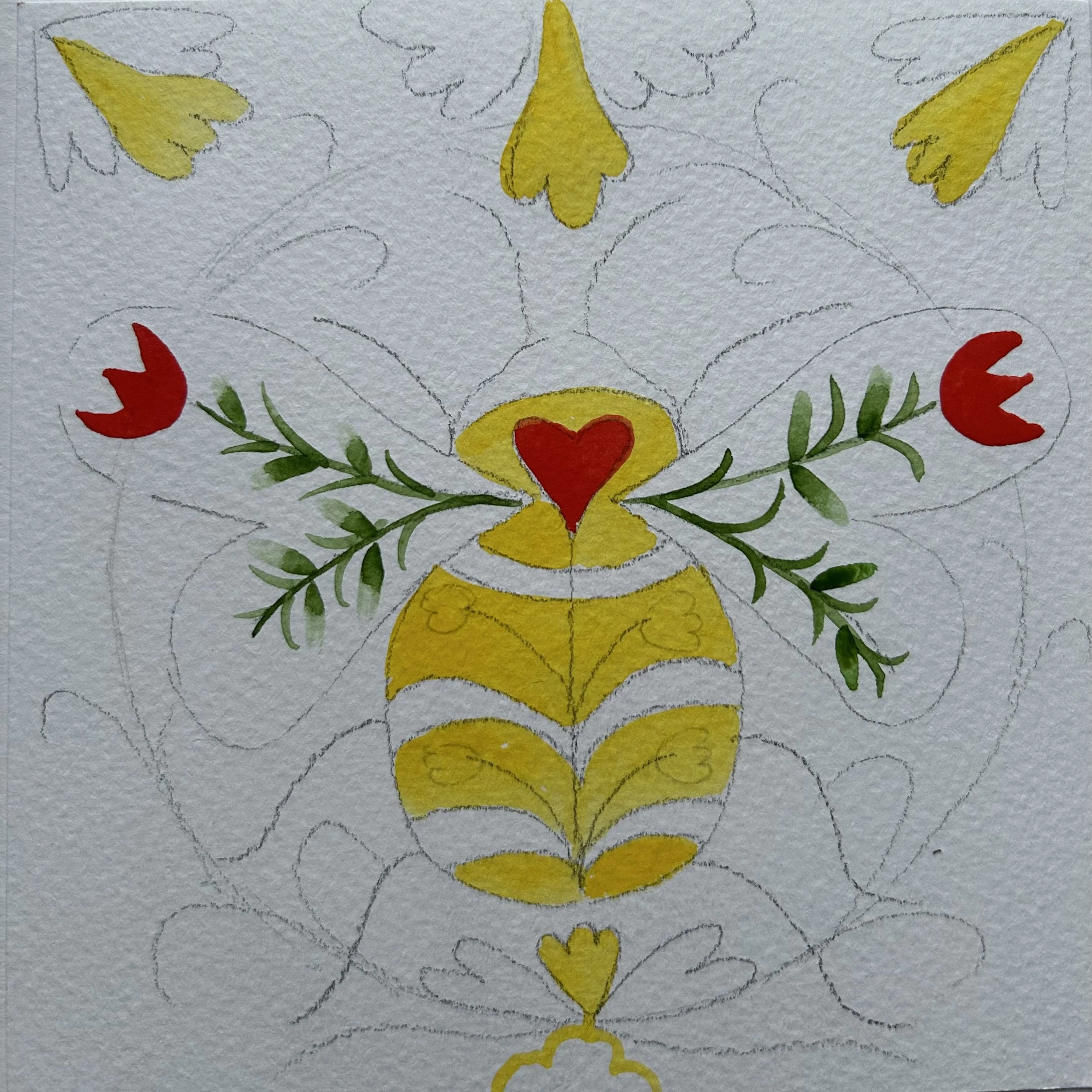 Paint the red heart and red flowers.
