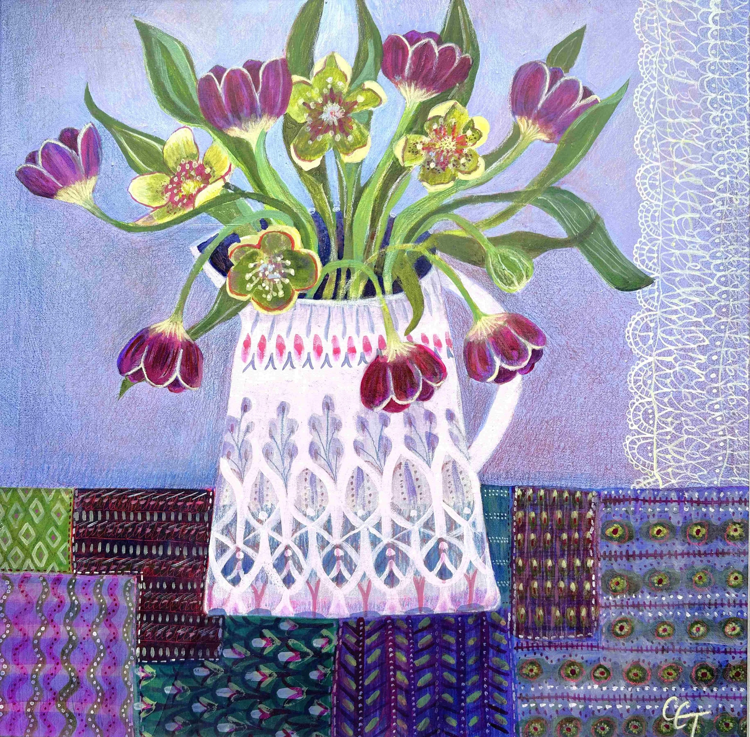 Vase with tulips on a patchwork cloth.h