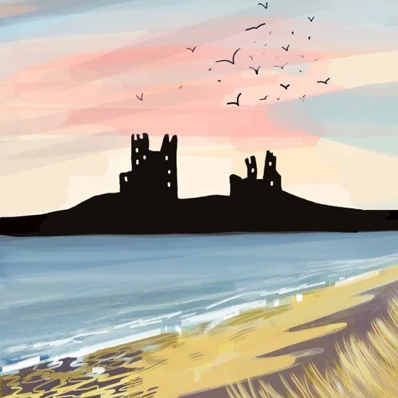 Image of a castle silhouette next to a beach.
