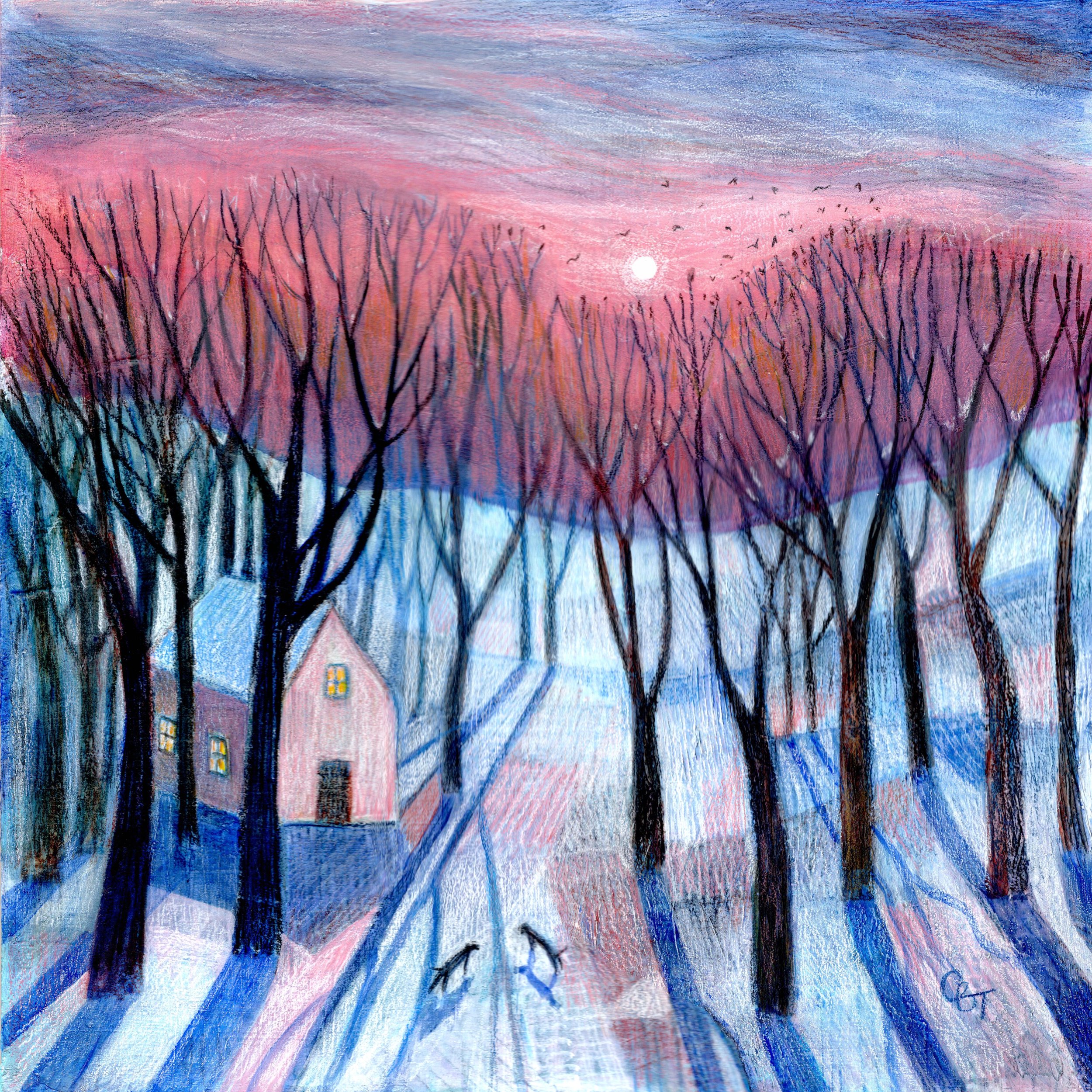 Painting of a cottage in the snow with two dogs.