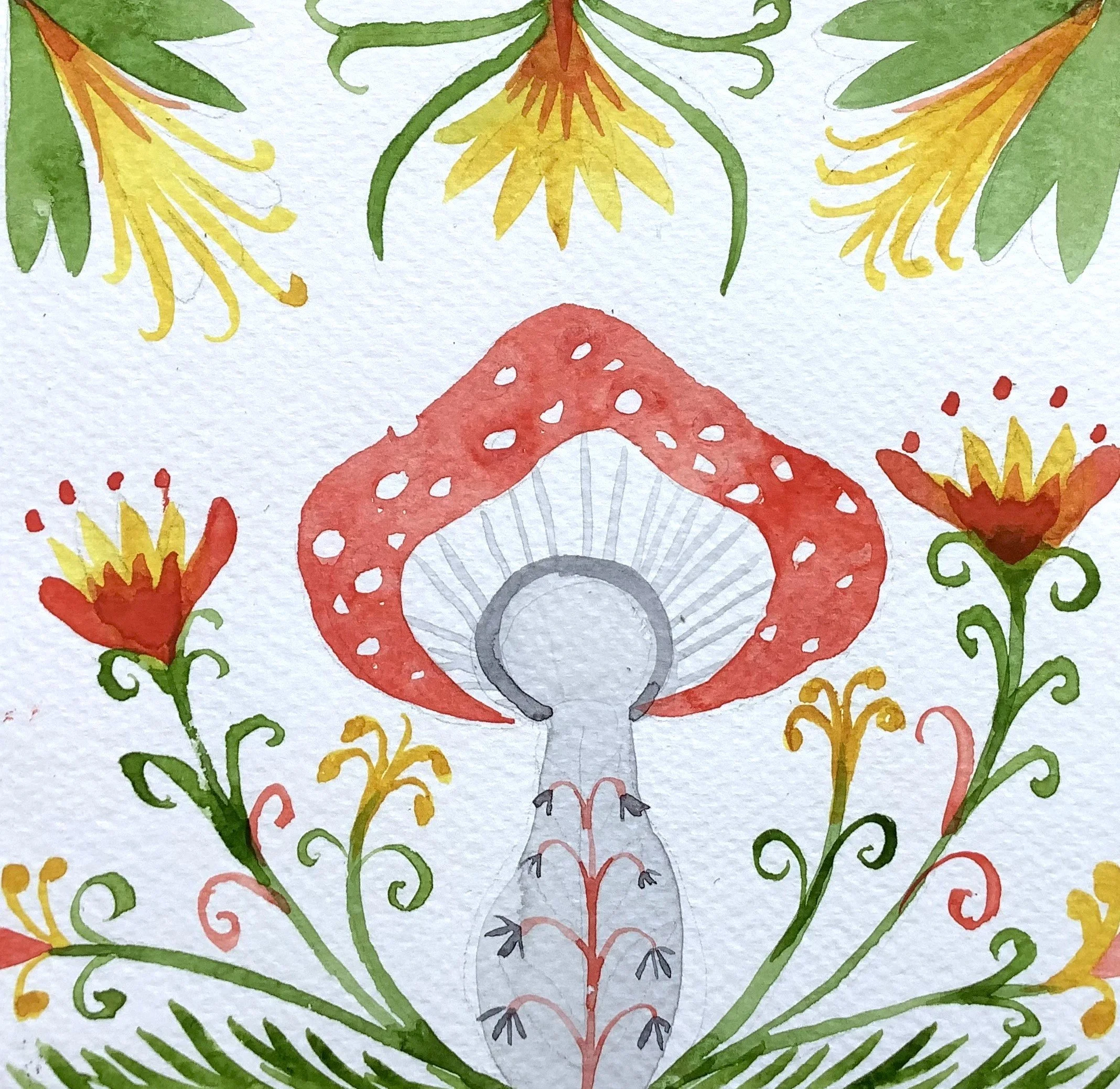 Painting  of a red mushroom with white spots.