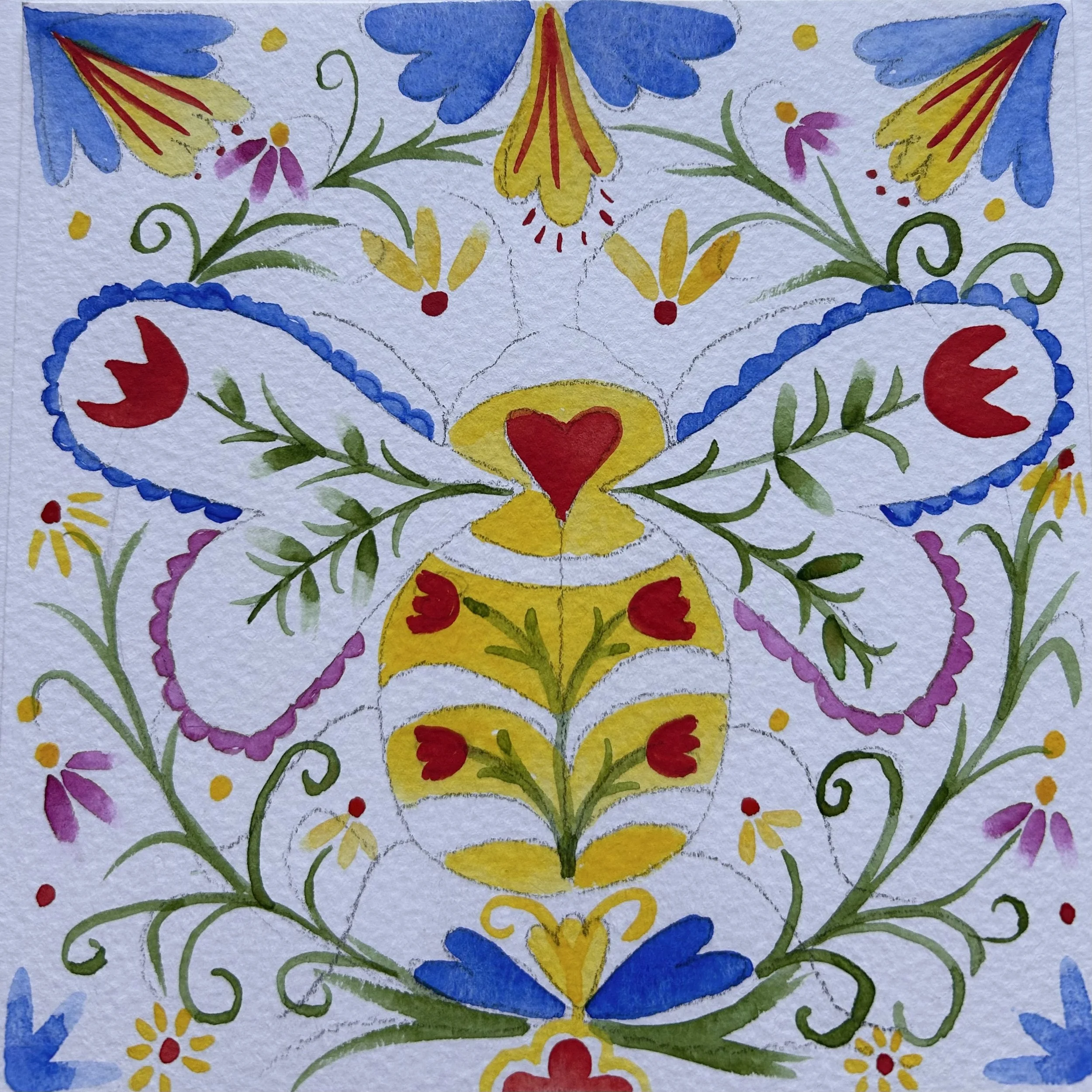 Paint rose stems green, then red roses on the bee's body. Use fine red lines on the large yellow flowers at the top and add daisy centres.