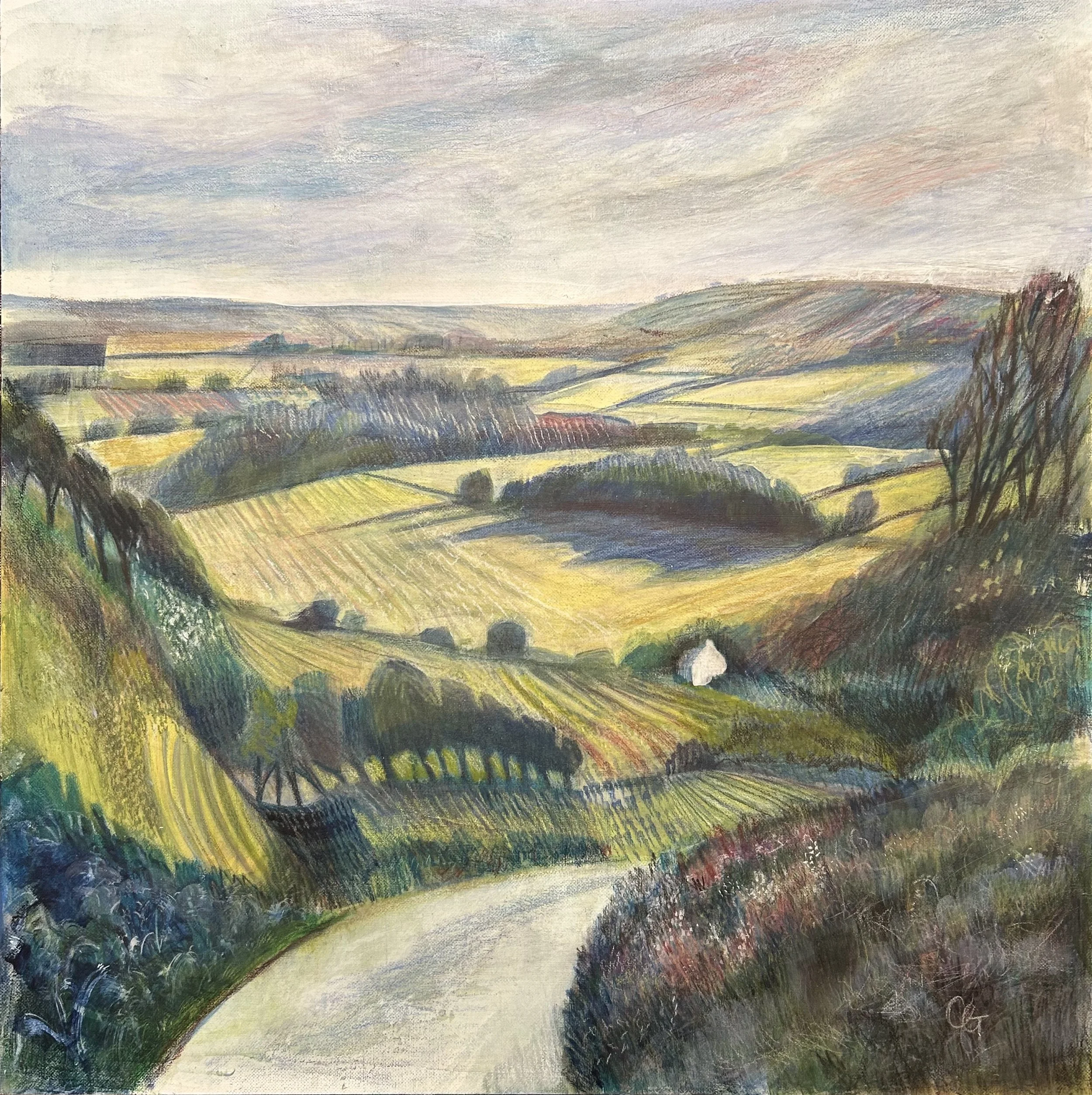 A road leading down through the hills.