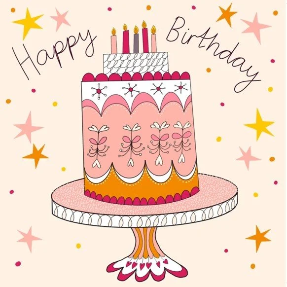 Image of a birthday cake on a stand.