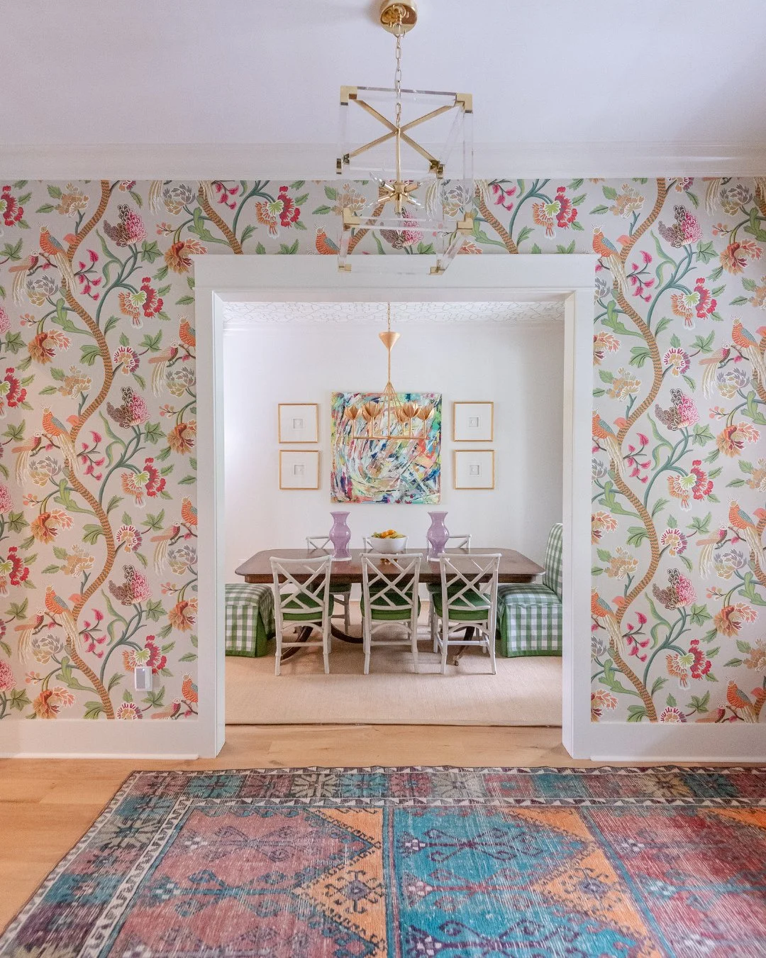 Our client loves color, and this home shows just how beautifully it can all come together. From bold wallpaper to a vibrant rug and cheerful art, every shade plays so well with the next. A truly happy space!⁠
⁠
#wynnepeaceinteriordesign #interiordesi