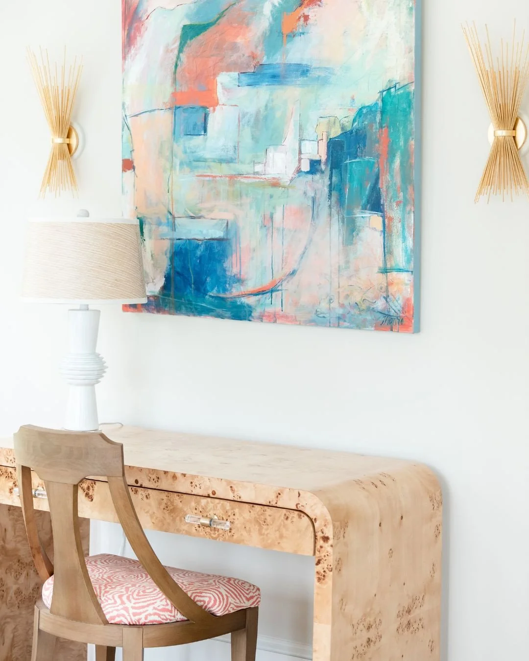 No dedicated office? No problem. A smaller desk, like this beautiful burl wood piece, can turn any room into a workspace.⁠
⁠
#wynnepeaceinteriordesign #burlwood #homeoffice #officedesigninspo #interiordesign #workspace