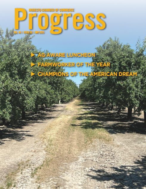 Cover of May 2025 Progress magazine, showing an almond orchard.