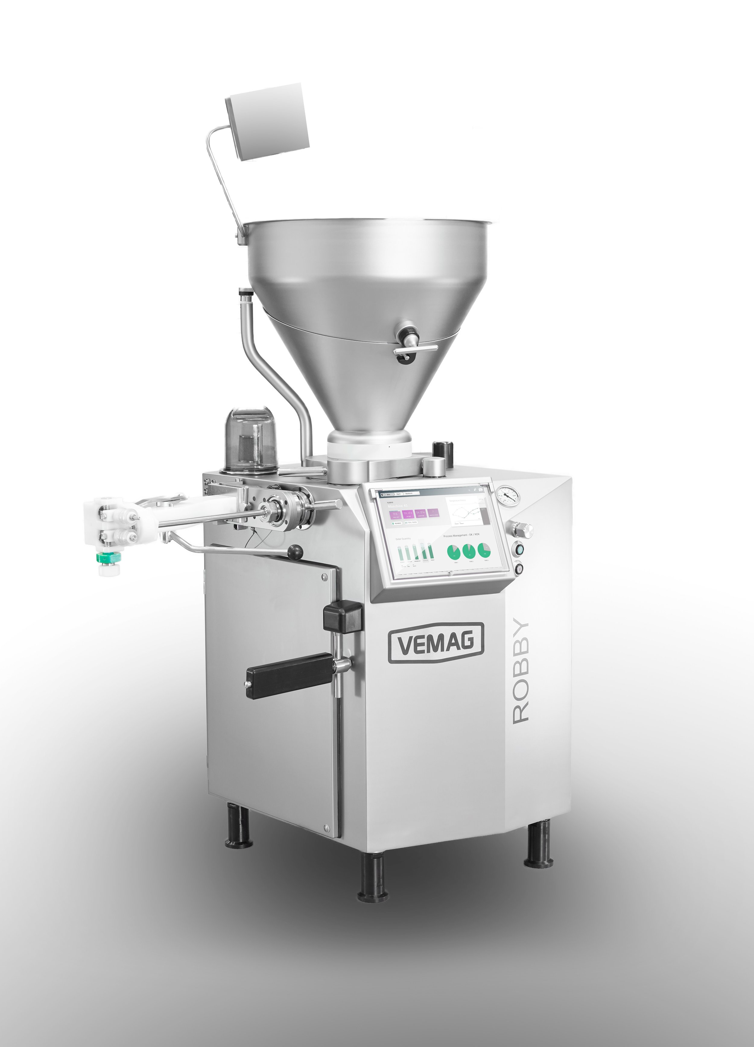 VEMAG Robby Füllmaschine für die Lebensmittelverarbeitung mit Trichter und Bedienfeld.