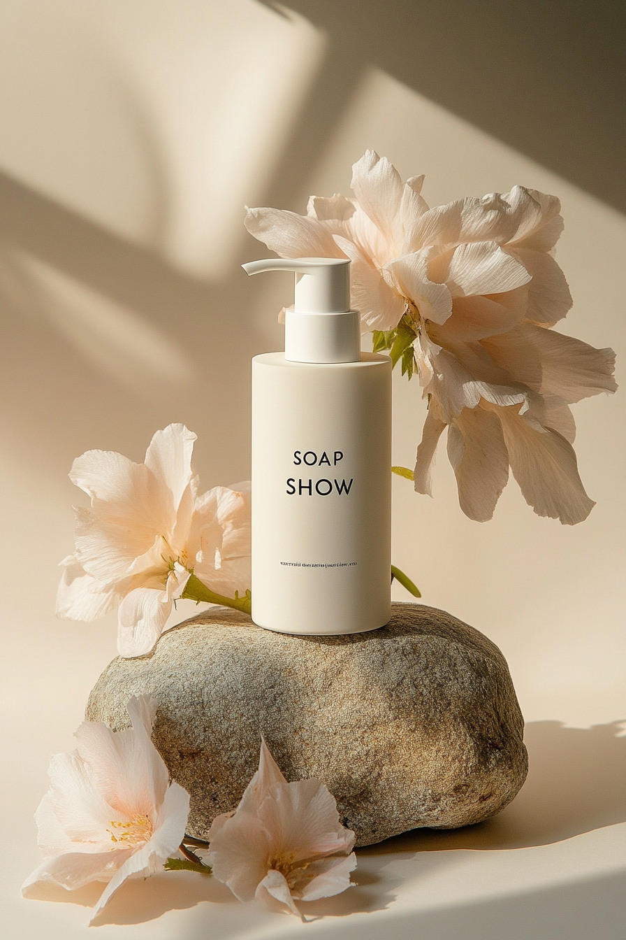 Spenderflasche mit der Aufschrift "SOAP SHOW", umgeben von blassrosa Blumen, auf einem großen Stein positioniert. Sanftes, warmes Licht im Hintergrund, das eine entspannte Atmosphäre schafft.