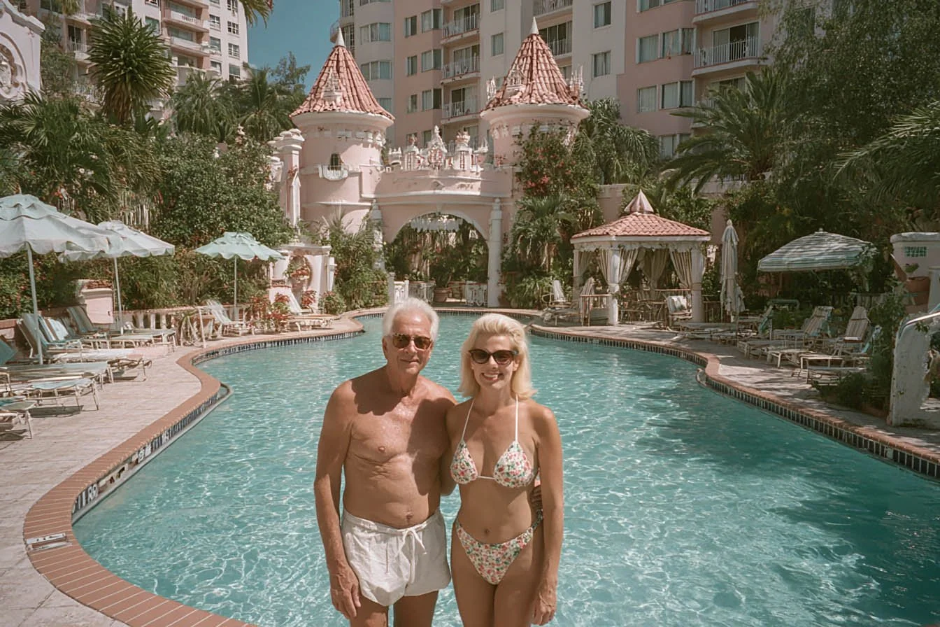 Ein älterer Mann und eine junge Frau stehen im Swimmingpool eines Hotels. Im Hintergrund sind Palmen, Liegestühle, Sonnenschirme und eine pinkfarbene Schloss-Architektur. Es ist sonnig und warm.