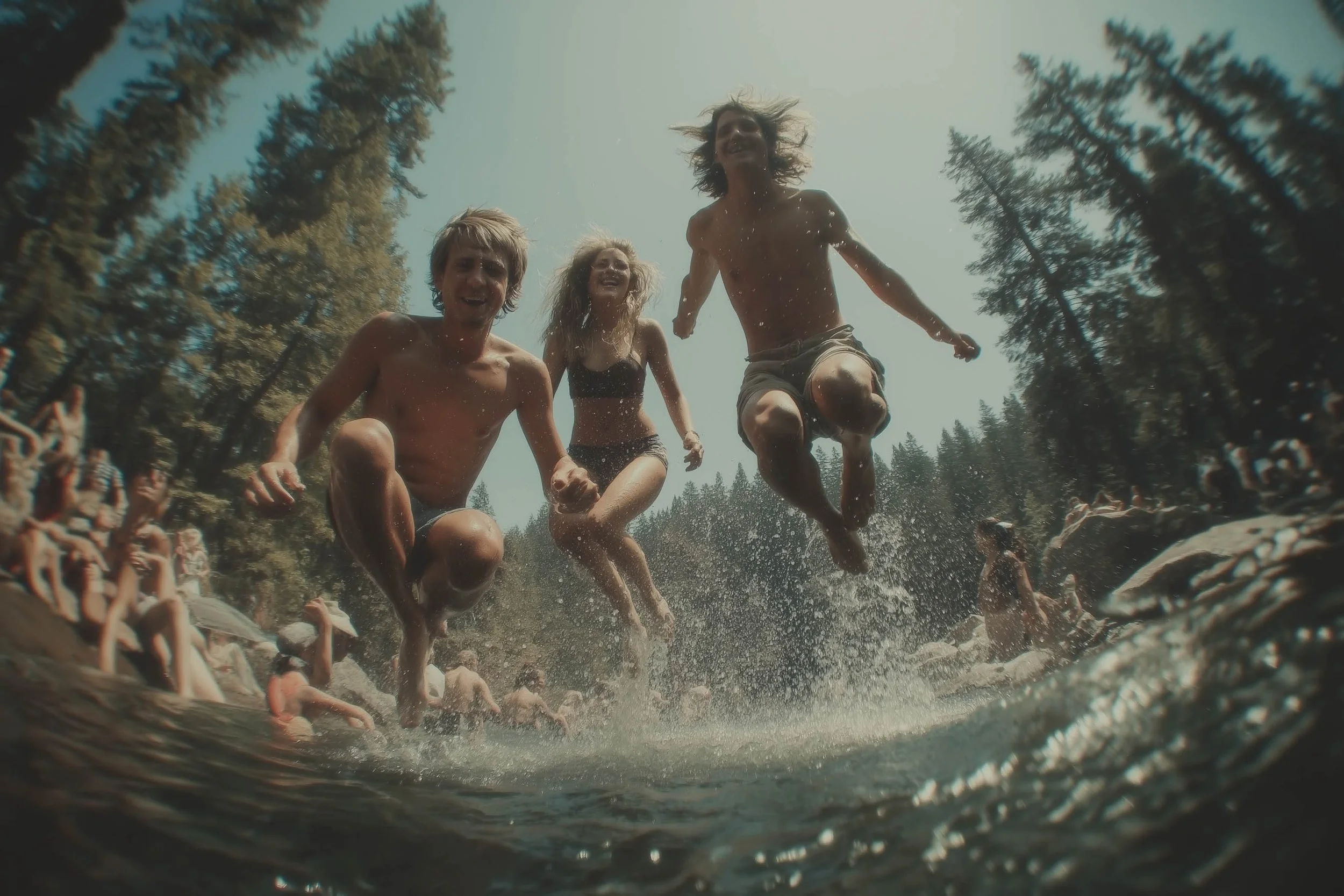 Drei Kinder springen lachend in einen Fluss, im Hintergrund andere Menschen, umgeben von Bäumen, an einem sonnigen Tag.