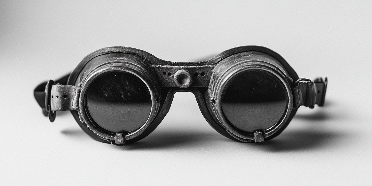 Schutzbrille mit dunklen Gläsern und verstellbarem Riemen auf weißem Hintergrund.