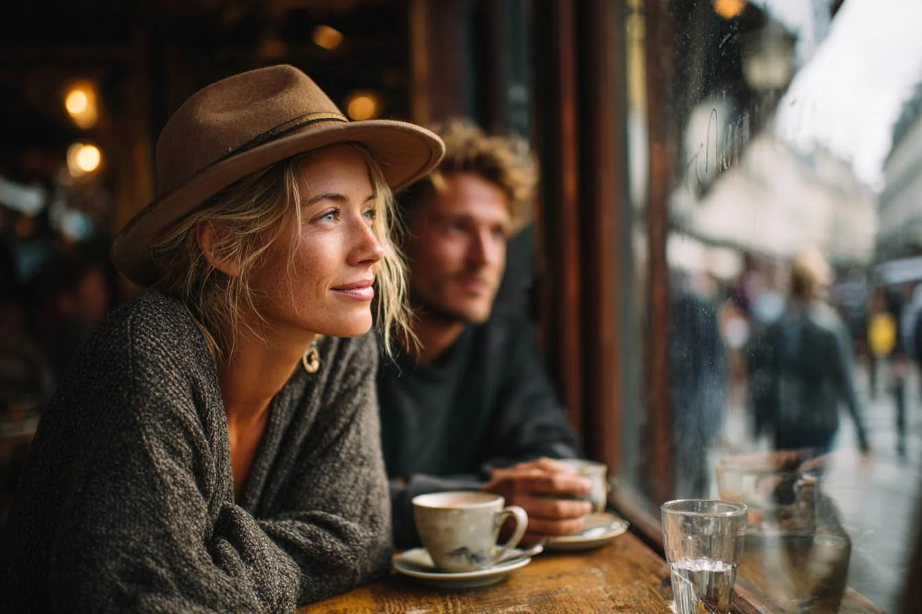 Zwei Personen sitzen in einem Café an einem Fenster, trinken Kaffee und schauen nach draußen.