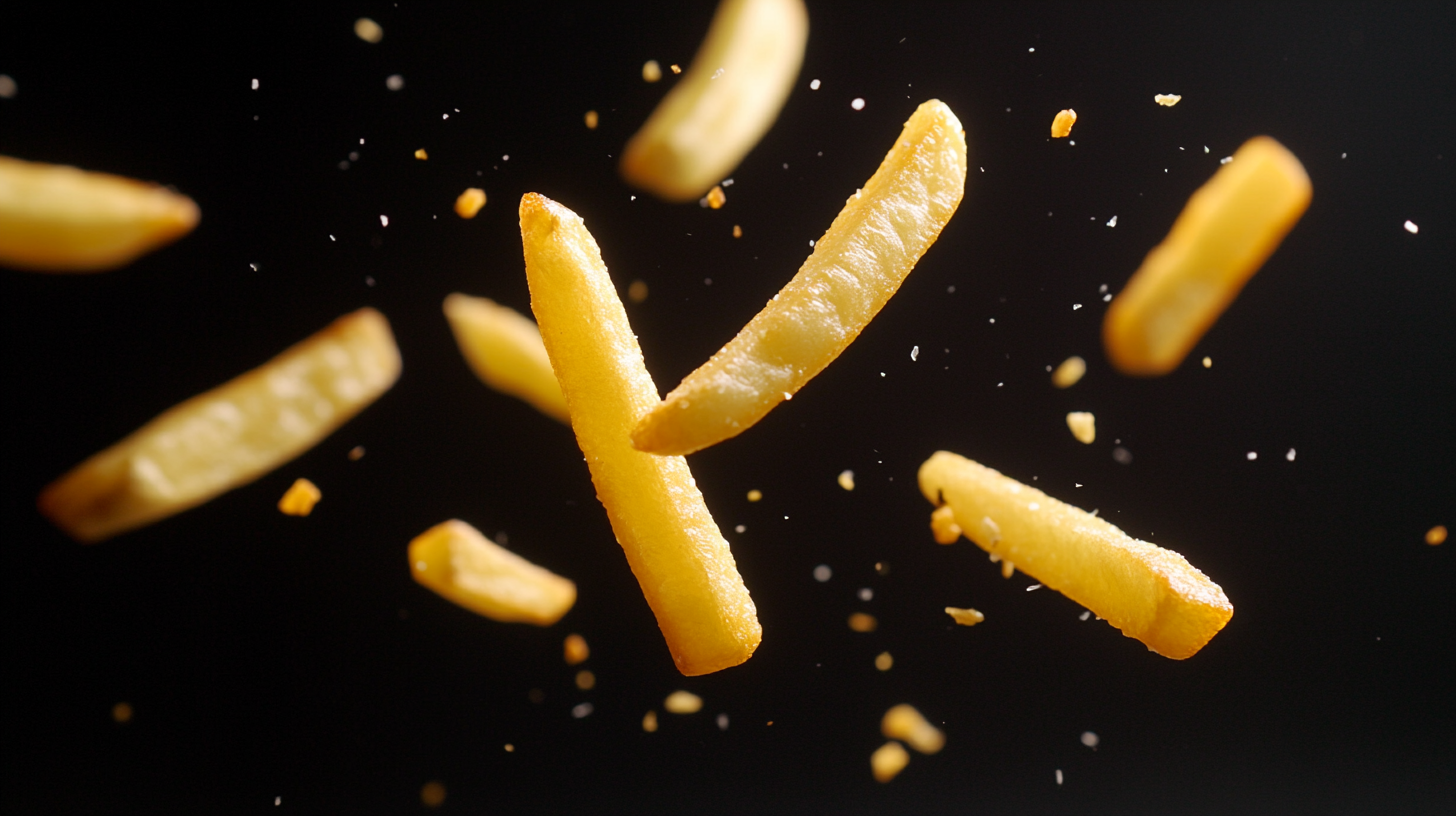 Fliegende Pommes frites in der Luft vor einem dunklen Hintergrund.