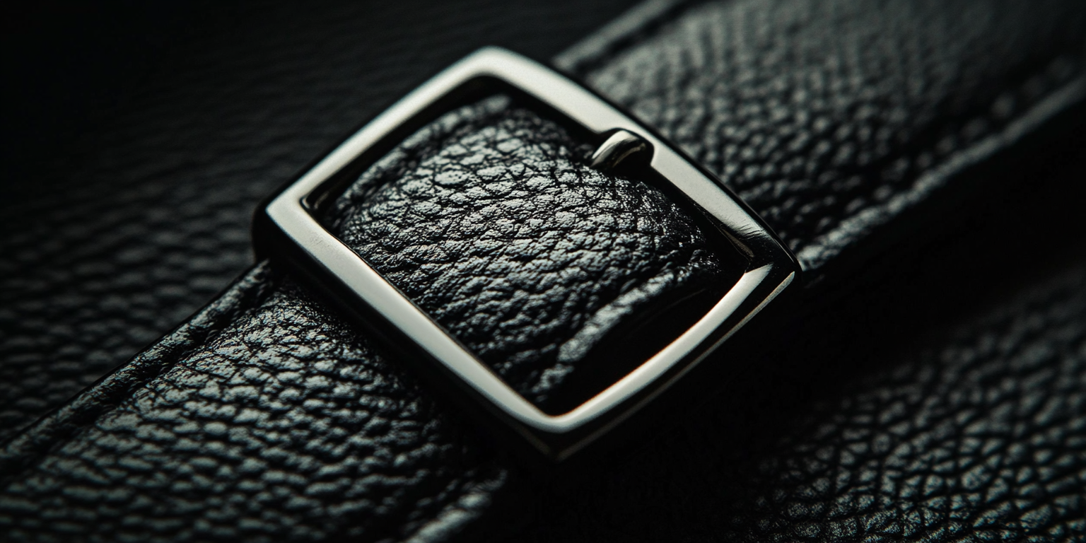 Nahaufnahme einer schwarzen Ledertasche mit einer silbernen Schnalle.