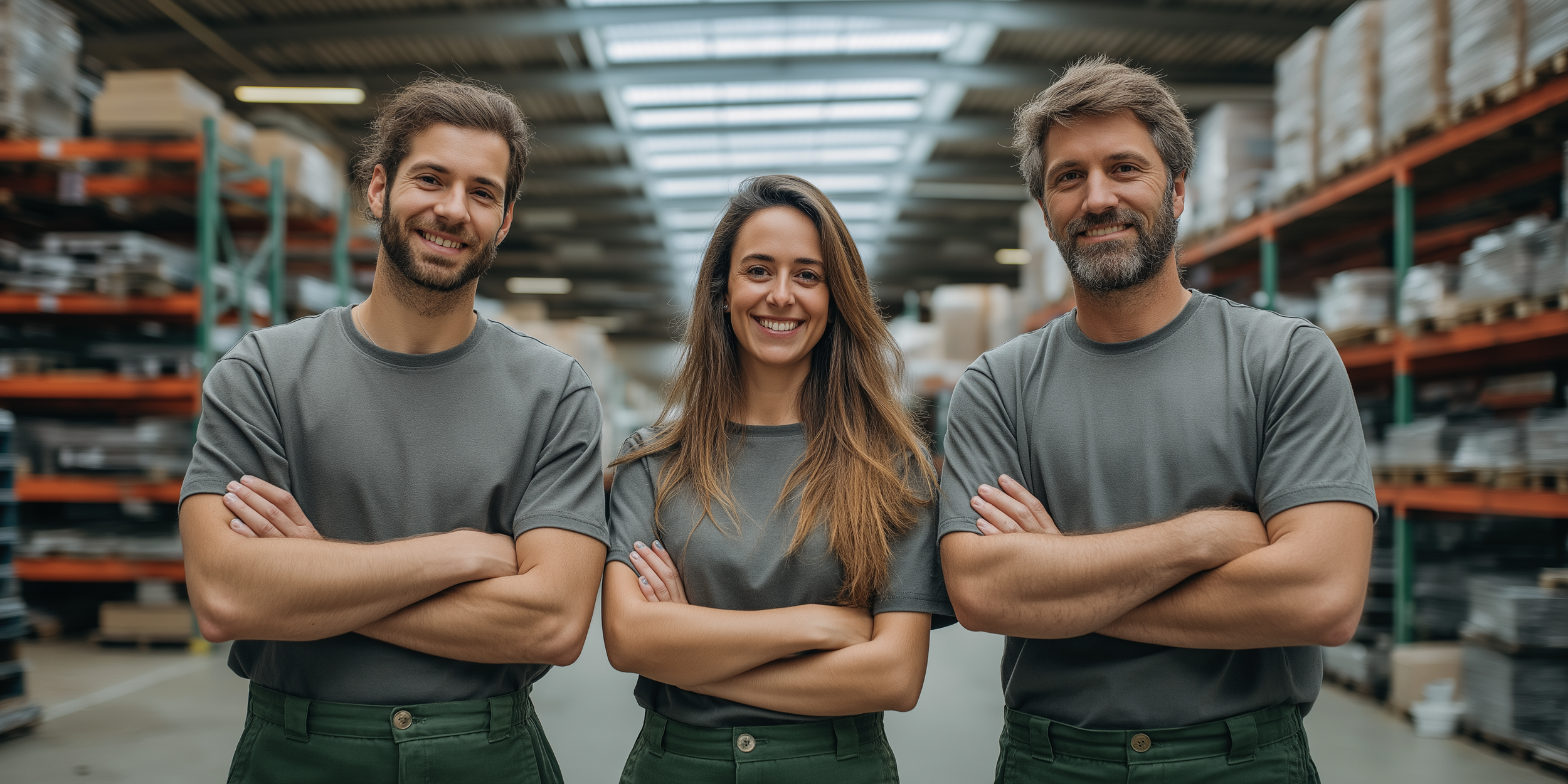 Mitarbeiter eines Ersatzteillagers stehen in einer Lagerhalle