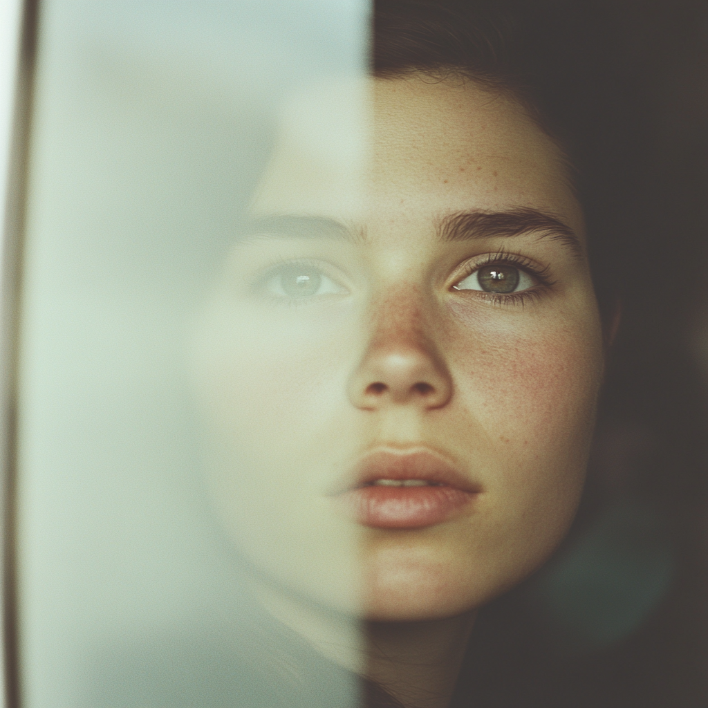 Nahaufnahme eines nachdenklichen Gesichts einer jungen Person, die aus einem Fenster schaut, mit einem verschwommenen Glas im Vordergrund.