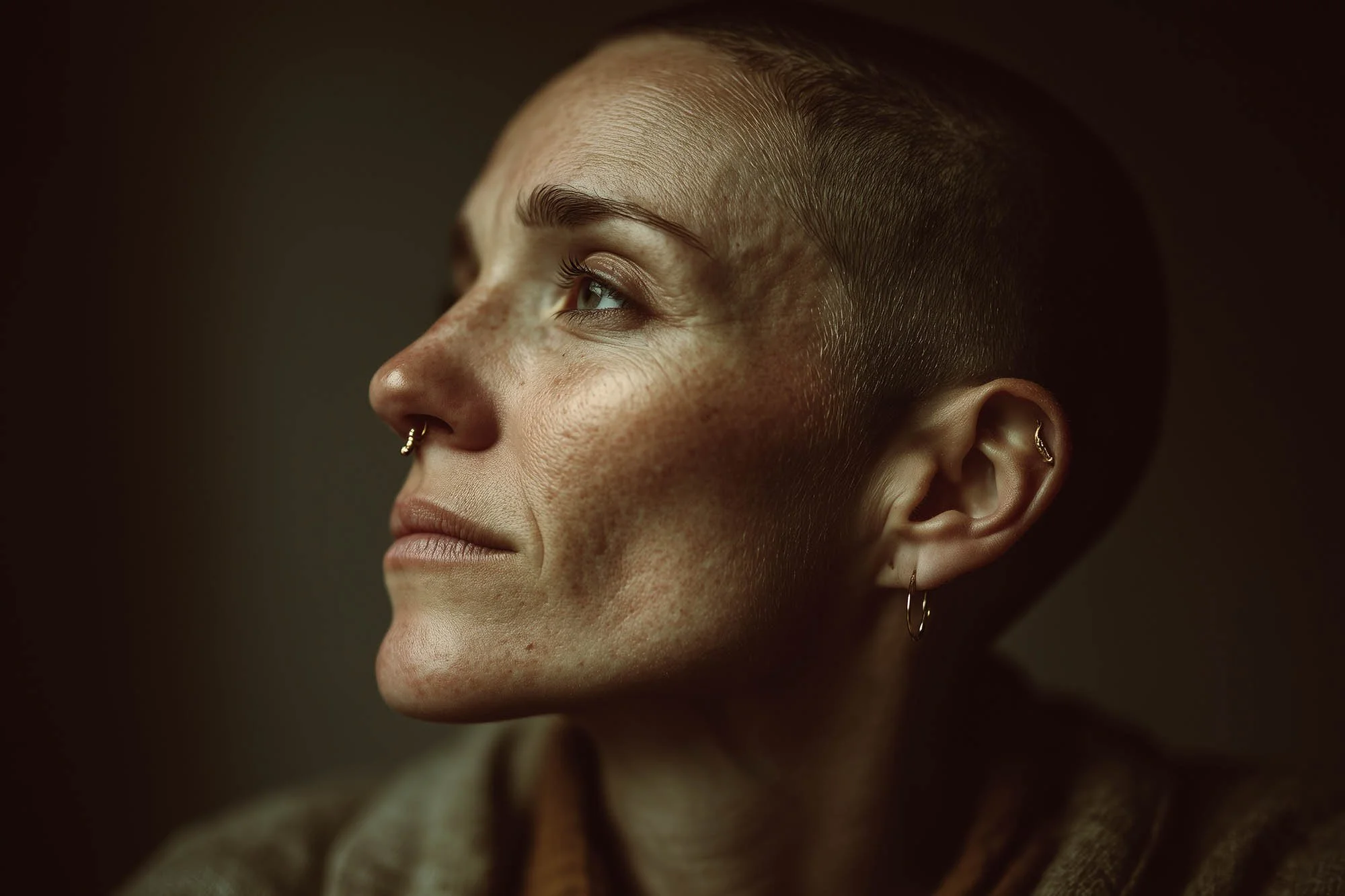 Nahaufnahme eines Mannes mit kurz rasiertem Haar, mehreren Piercings, und glatter Haut, blickt nach links, mit weichem Licht gegen dunklen Hintergrund.