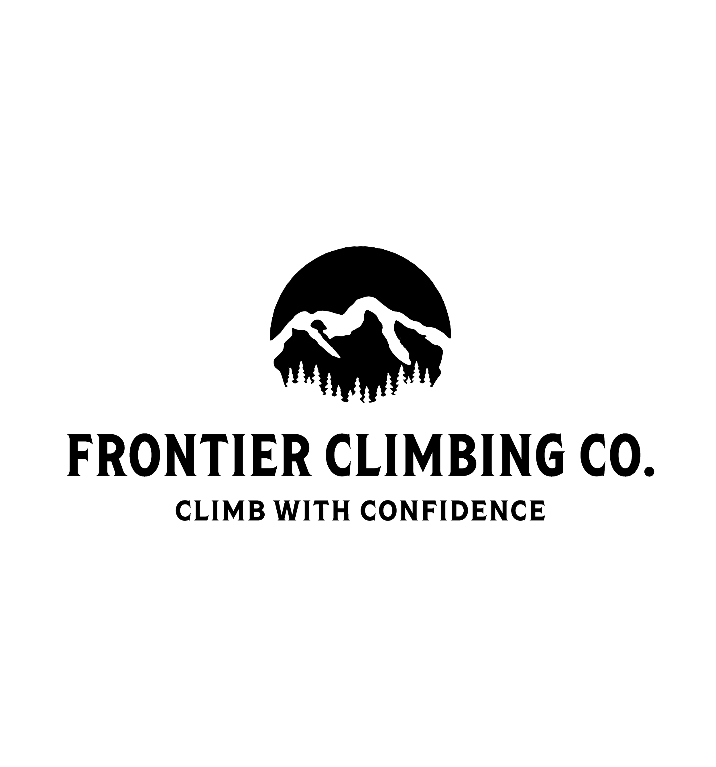 Black and white logo for Frontier Climbing Co. featuring a mountain range inside a circle with a pine forest below, and the text 'Frontier Climbing Co.' and 'Climb with Confidence'.
