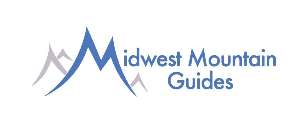 Logo for Midwest Mountain Guides, featuring stylized mountain peaks and text.