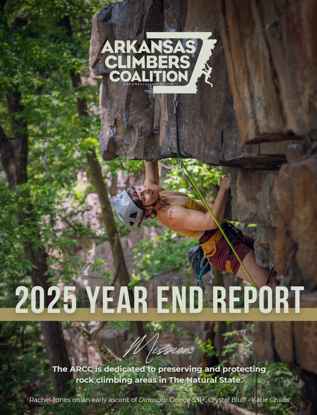 Logo of the Arkansas Climber Coalition featuring the outline of the state of Arkansas with a climber ascending its right side and the organization's website arkansasclimbers.org.