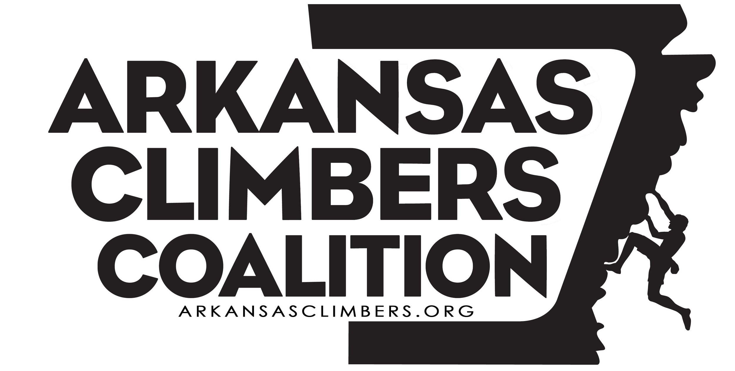 Logo of the Arkansas Climber Coalition featuring the outline of the state of Arkansas with a climber ascending its right side and the organization's website arkansasclimbers.org.