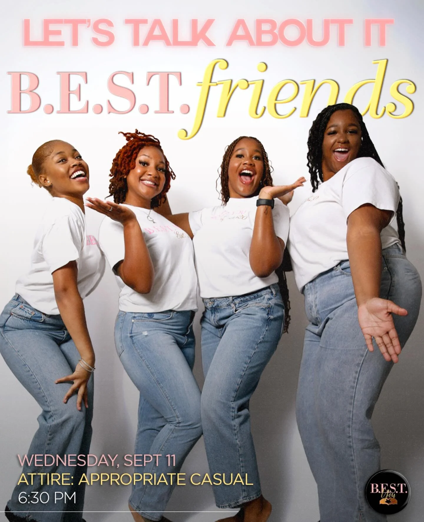 Mark your calendars for Wednesday, September 11th at 6:30 PM! Join the B.E.S.T. friends for a laid-back evening of fun and meaningful conversations. Wear your best casual outfit and come ready to connect! See you there!

*Appropriate casual
*Early ar