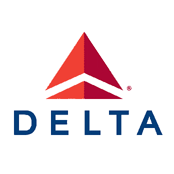 Delta Airlines logo with stylized red and maroon triangle above the word 'DELTA' in blue capital letters.