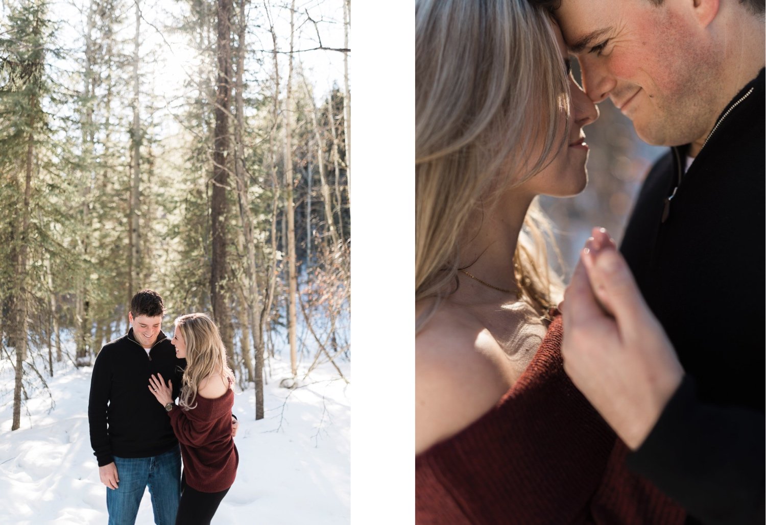 11_sunlight_landscape_Kananaskis_Canmore_Banff_trees_couple_engagement_close_simple_dog_cuddle_kiss_golden_hour_intimate_nature_mountains_fiancee_spring_winter_delicate_ice_bride_snow_soft_Calgary_Alberta_photographer_forest_groom_outdoor.jpg
