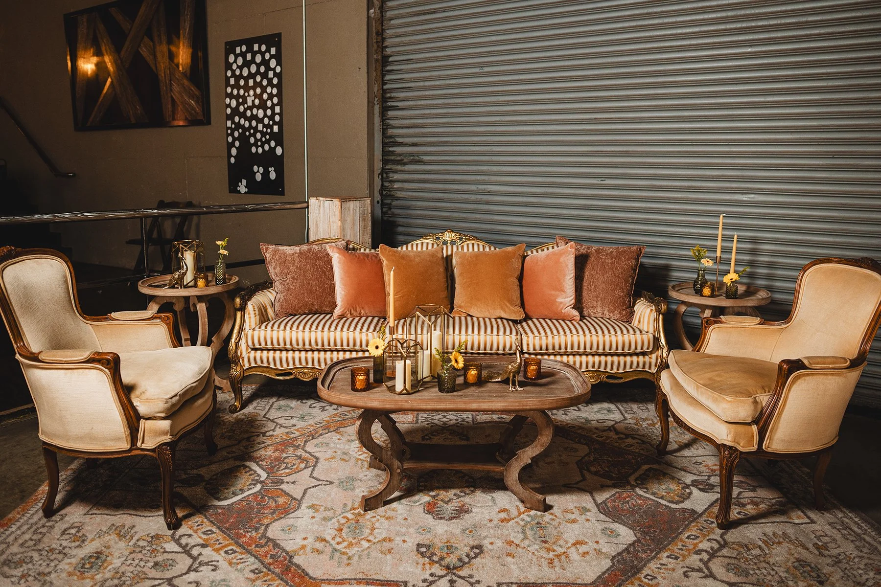 Dayton warehouse wedding venue set for wedding reception with lounge furniture grouping.