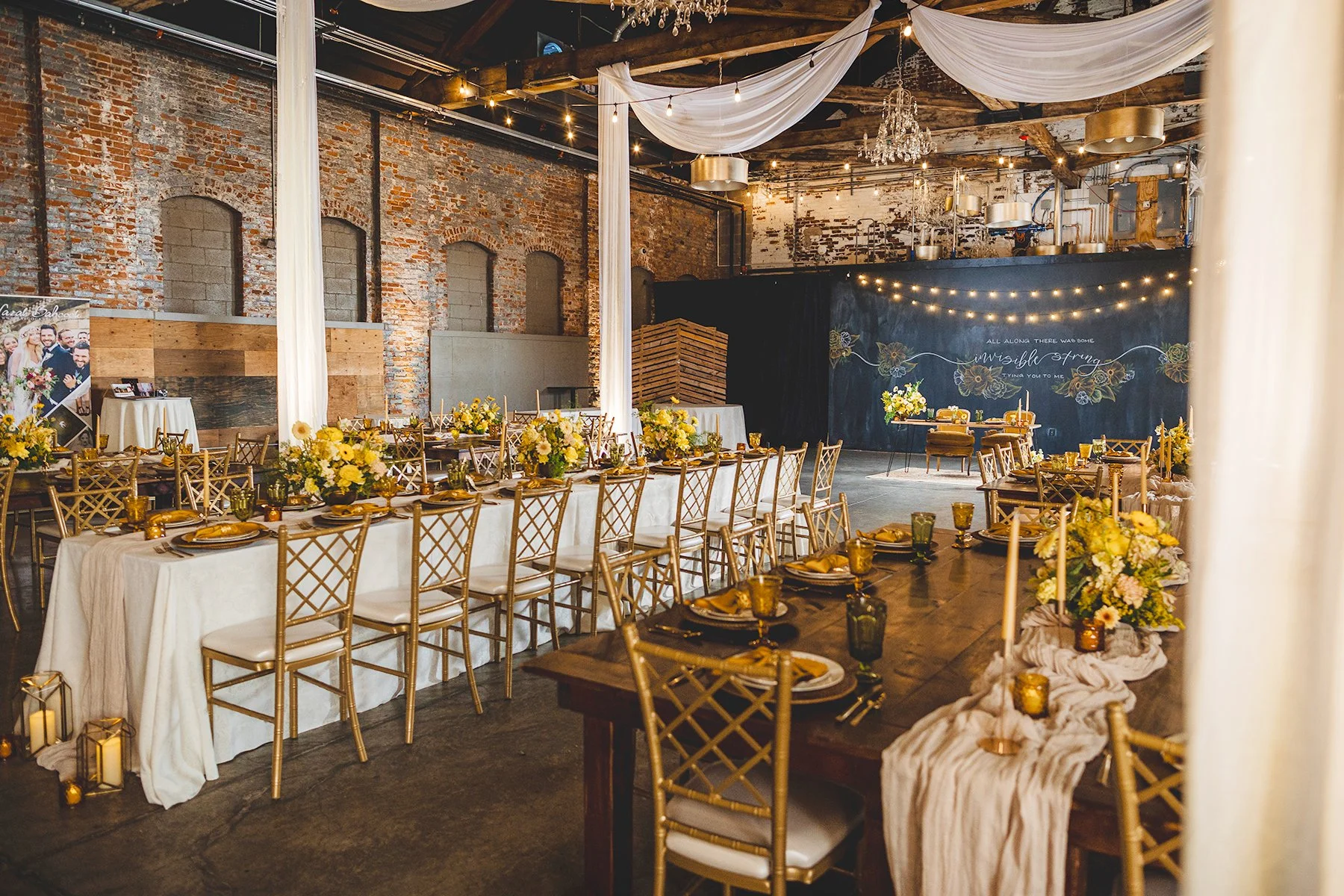 Dayton warehouse wedding venue set for wedding reception.
