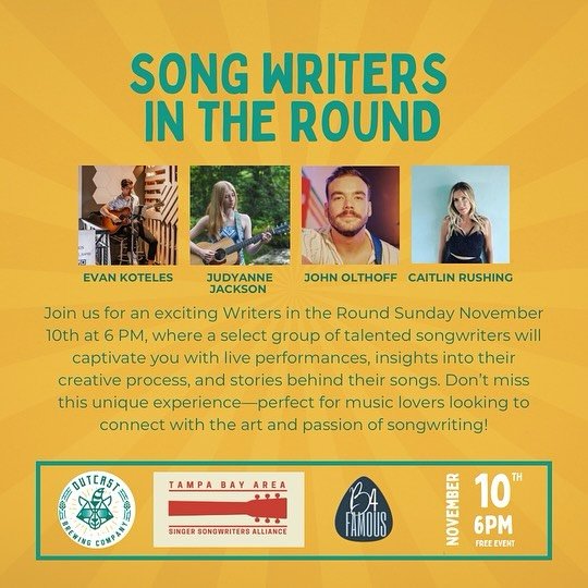 Hi Tampa Friends! I&rsquo;m going to be playing a Writers Round @outcastbrewingcompany this Sunday Nov 10th at 6 pm. Can&rsquo;t wait to see you there!💛
&bull;
&bull;
&bull;
#writersround #musician #singersongwriter #judyannejackson #folkpop #countr