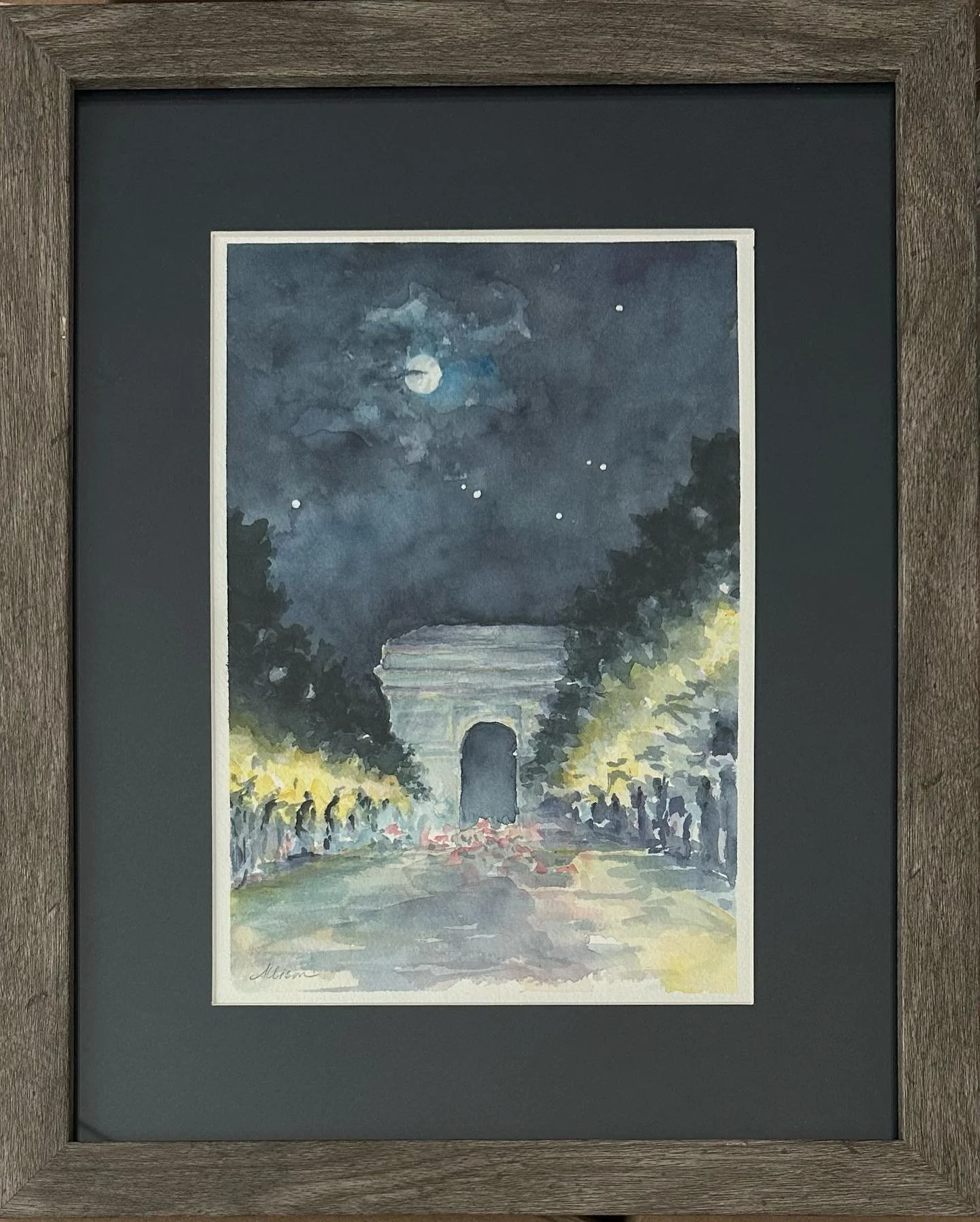 This recent watercolor sketch is packed up and ready to go to its new home! Based on a photo taken by a friend who went on a long-awaited trip to visit one of her sons who lives overseas. 🇫🇷💕🌕🌌