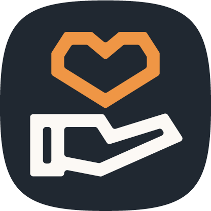 A white hand holding a heart outline with an orange heart above it on a dark background.