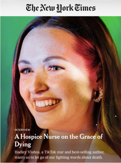 Close-up of a smiling woman with reddish-brown hair, wearing earrings, on the cover of The New York Times, with a green background and a headline about hospice nurses.