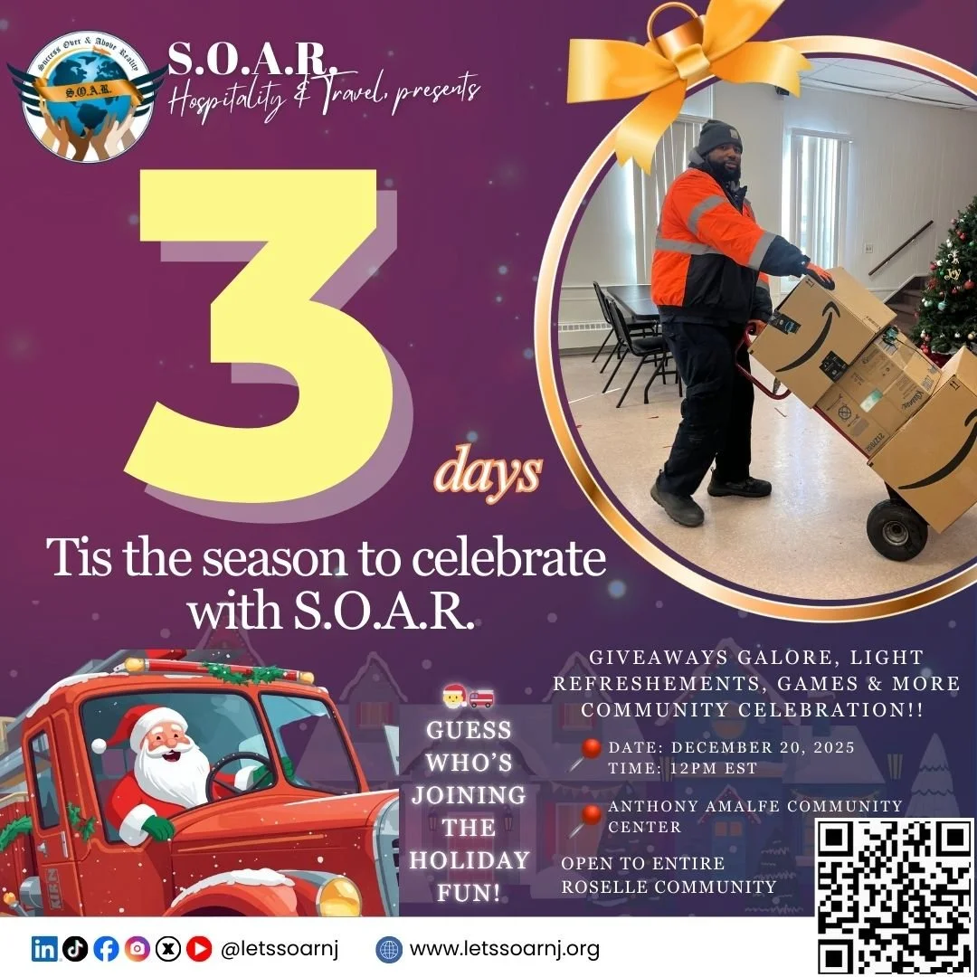 𝟑 𝐃𝐚𝐲𝐬 𝐭𝐨 𝐆𝐨!
🎁 Roselle community, are you excited? Only 3 days left to our holiday celebration!
🎅 Santa is on his way&mdash;get ready for fun!
🎄 Tis the season with S.O.A.R.!
📍 Free for all Roselle community!

💌 Support us through inki