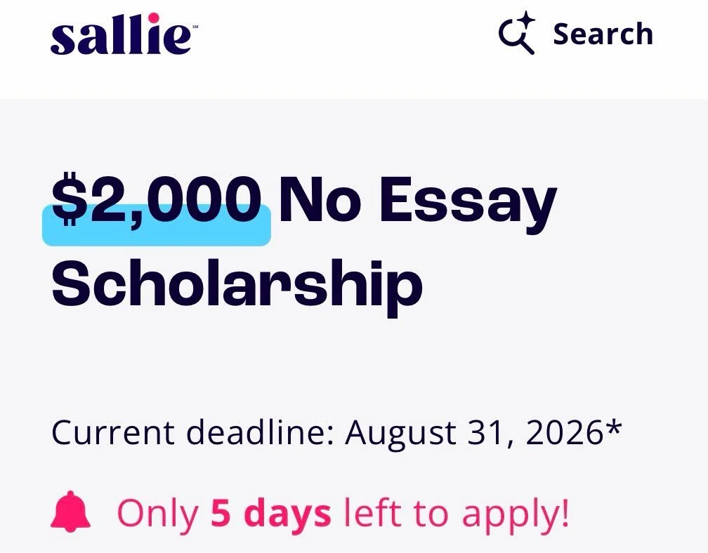 Here&rsquo;s another one!!

https://www.sallie.com/scholarships/no-essay?utm_campaign=la_acq_swp_p_u_ParentIBT_u_u&amp;utm_source=meta&amp;utm_medium=cpc&amp;utm_content=2Kcapadult&amp;fbclid=IwdGRleAT9lW1wZG9mBWZkaWQWUNQoH5j8wO__a3mSPgk_eC-07k7OKWV4