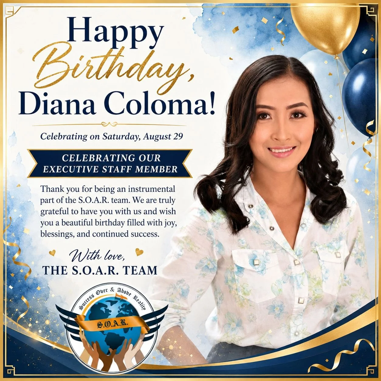 𝐇𝐞𝐥𝐩 𝐮𝐬 𝐰𝐢𝐬𝐡 𝐚 𝐯𝐞𝐫𝐲 𝐇𝐚𝐩𝐩𝐲 𝐁𝐢𝐫𝐭𝐡𝐝𝐚𝐲 𝐭𝐨 𝐒.𝐎.𝐀.𝐑. 𝐇𝐨𝐬𝐩𝐢𝐭𝐚𝐥𝐢𝐭𝐲 &amp; 𝐓𝐫𝐚𝐯𝐞𝐥&rsquo;𝐬 𝐄𝐱𝐞𝐜𝐮𝐭𝐢𝐯𝐞 𝐀𝐬𝐬𝐢𝐬𝐭𝐚𝐧𝐭, 𝐃𝐢𝐚𝐧𝐚 𝐂𝐨𝐥𝐨𝐦𝐚! 🎂✨
Wishing you a wonderful birthday filled with happi