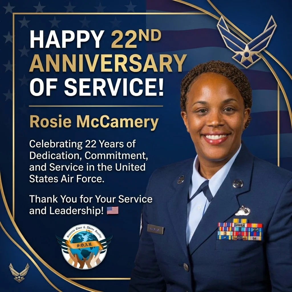 💙 𝐂𝐞𝐥𝐞𝐛𝐫𝐚𝐭𝐢𝐧𝐠 𝟐𝟐 𝐘𝐞𝐚𝐫𝐬 𝐨𝐟 𝐒𝐞𝐫𝐯𝐢𝐜𝐞!

Heartwarming greetings from your S.O.A.R. family, Rosie! 🎉 Thank you for your 22 years of dedication, commitment, and service in the United States Air Force. Your leadership, perseveran