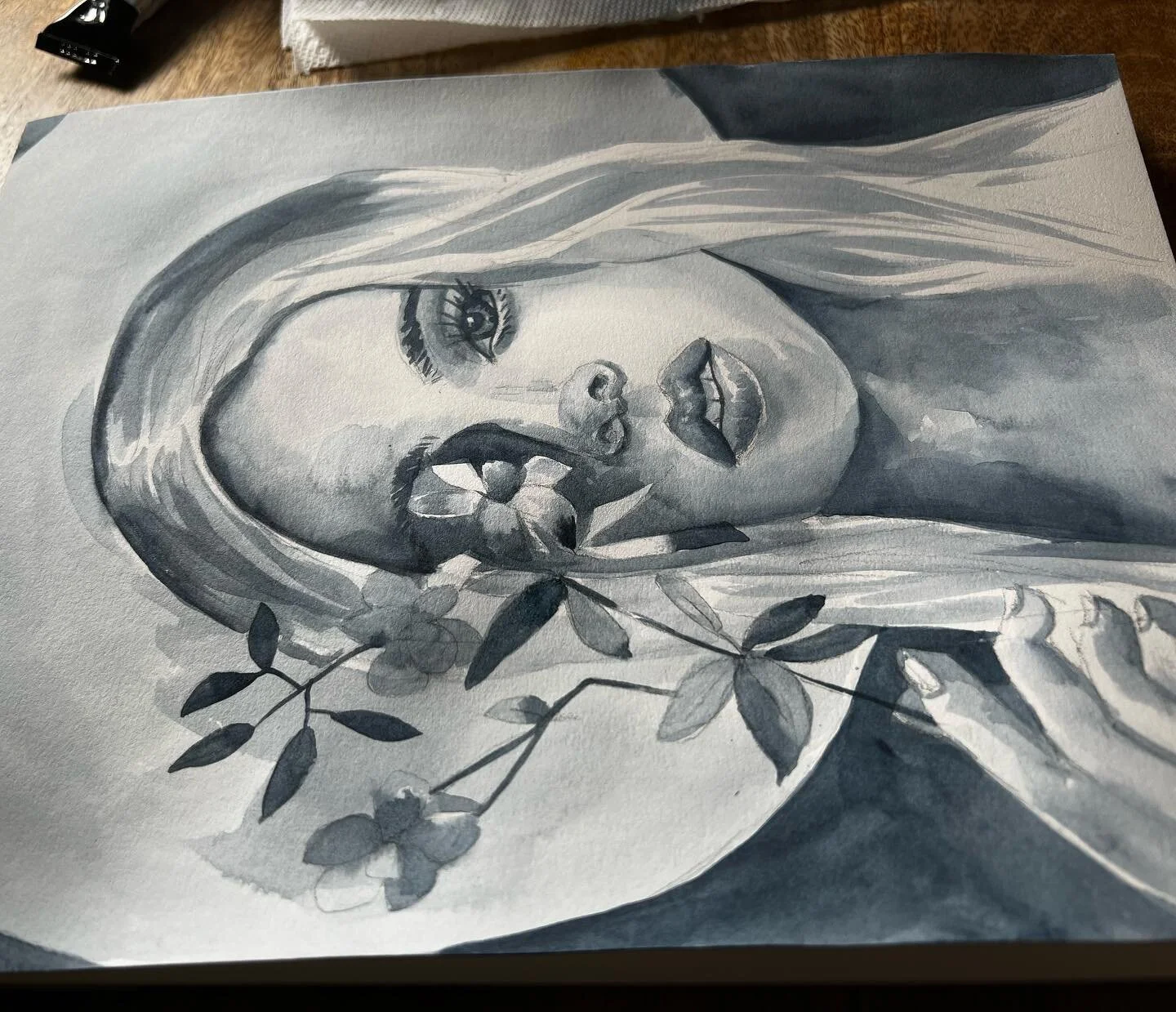 This was the first payne&rsquo;s grey study of the week. 

#paynesgrey #danielsmith #facesandflowers #watercolorfaces #watercolorpainting #watercolorart #watercolorsketch #watercolorsketchbook #watercolorillustration #watercolorflowers #watercolorart