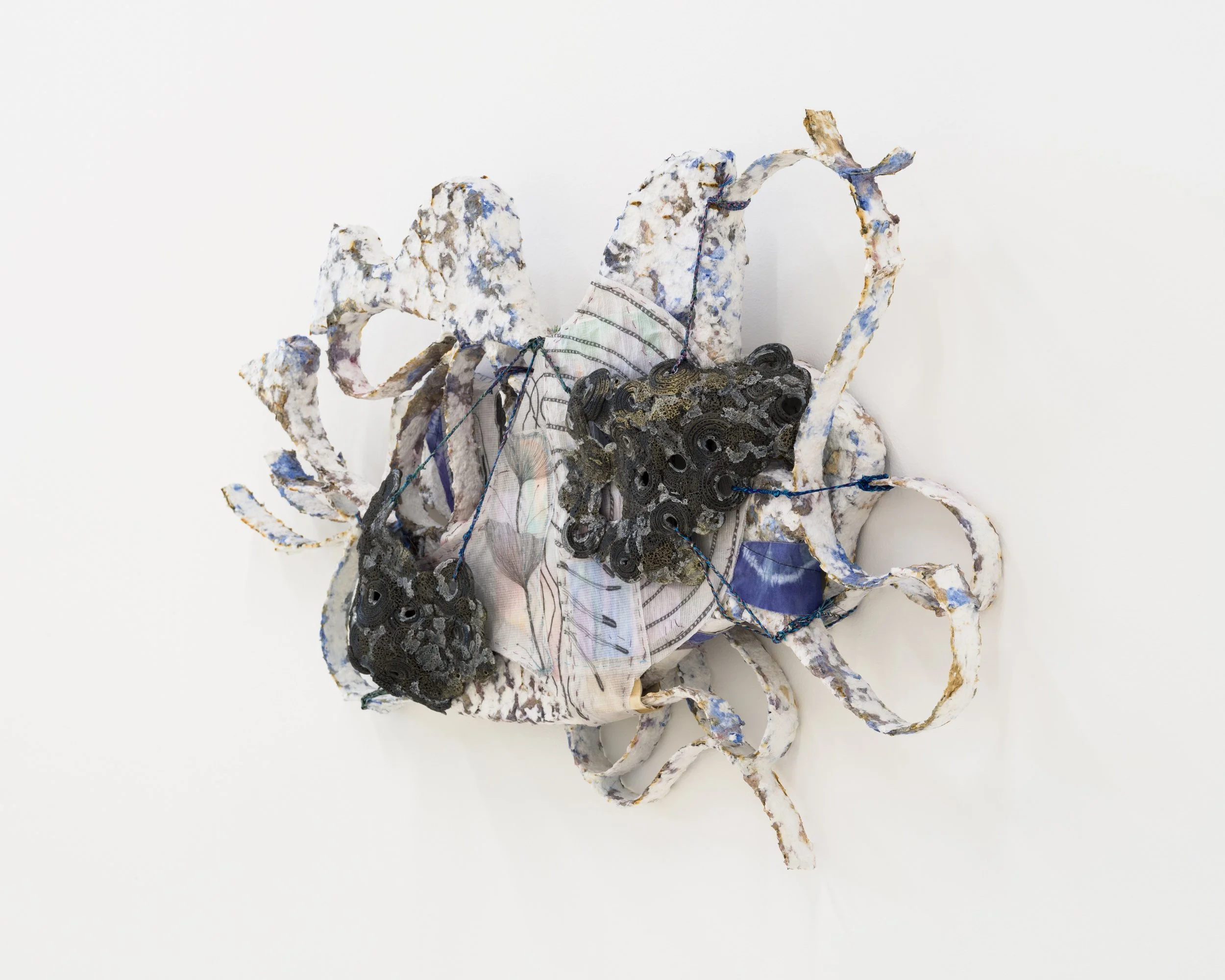 Codex 40, 2023. Paper maché, wire, glazed ceramic, yarn, transparent paper, paper, graphite, charcoal, watercolor, muslin, hand dyed fabric, hand made cords, 30 x 21 x 5 in (76.2 x 53.34 x 12.7 cm)
