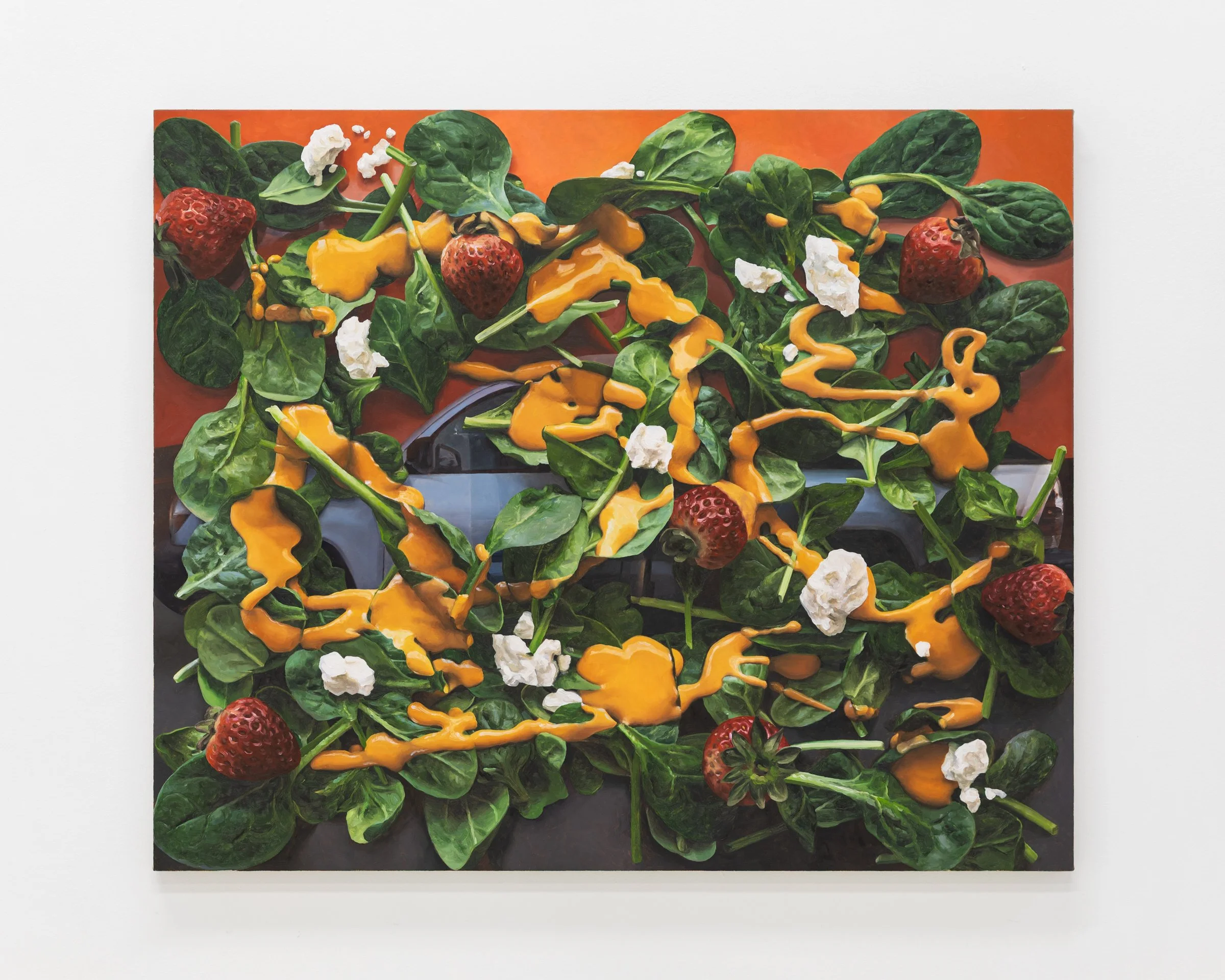 Spinach salad with strawberries and my truck, 2024. Oil on linen, 30 x 36 in (76.2 x 91.4 cm)