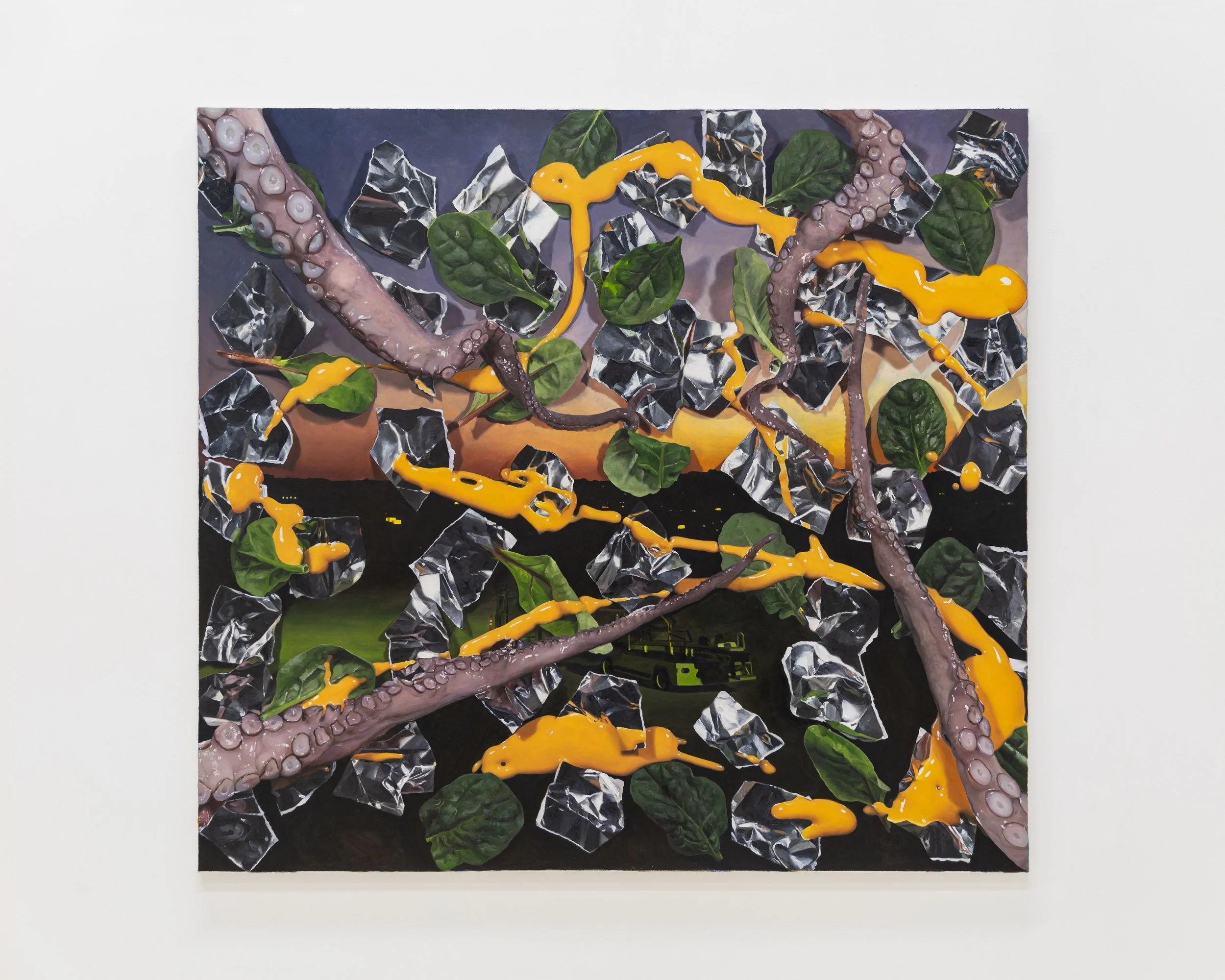 Adam Higgins, Memphis airport salad with tentacles, 2025. Oil on canvas, 43 x 47 in (109.2 x 119.4 cm)