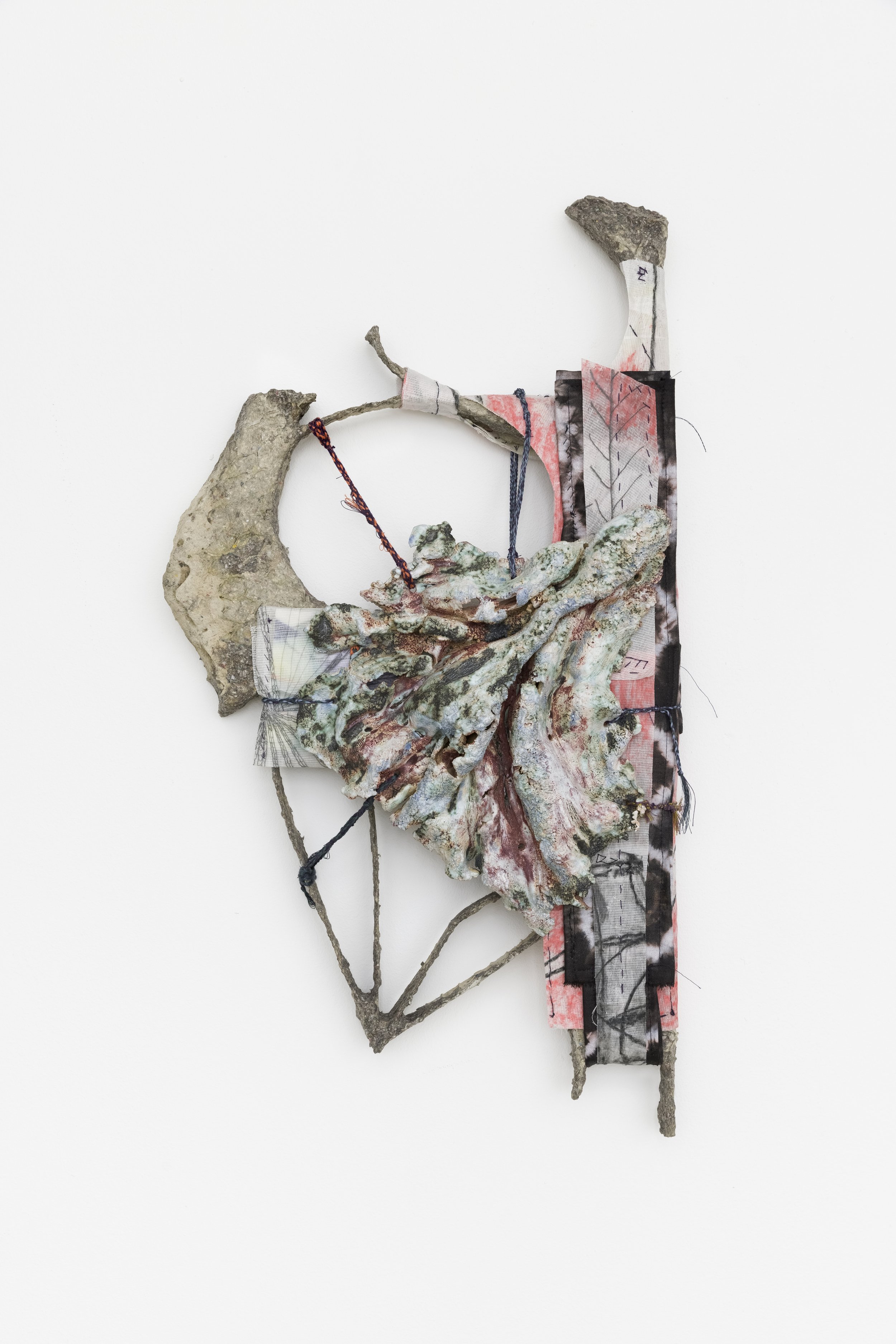 Codex 13, 2021. Papier maché, wire, glazed ceramic, yarn, transparent paper, paper, graphite, charcoal, watercolor, muslin, hand dyed fabric, 62 x 33 cm (24.4 x 12.9 in).