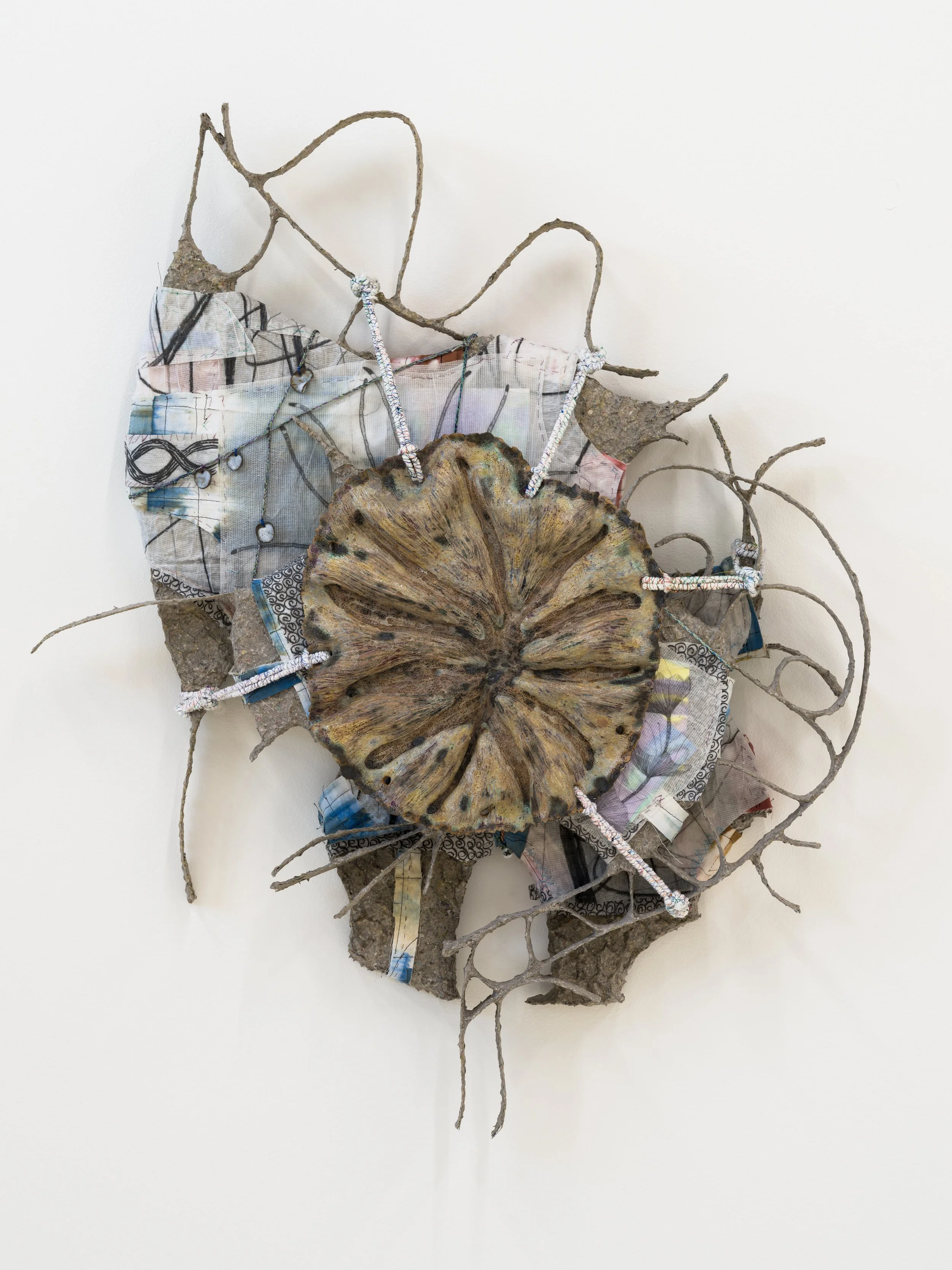 Codex 37, 2023. Paper maché, wire, glazed ceramic, yarn, transparent paper, paper, graphite, charcoal, watercolor, muslin, hand dyed fabric, hand made cords, 32 x 27 x 5 in (81.28 x 68.58 x 12.7 cm)
