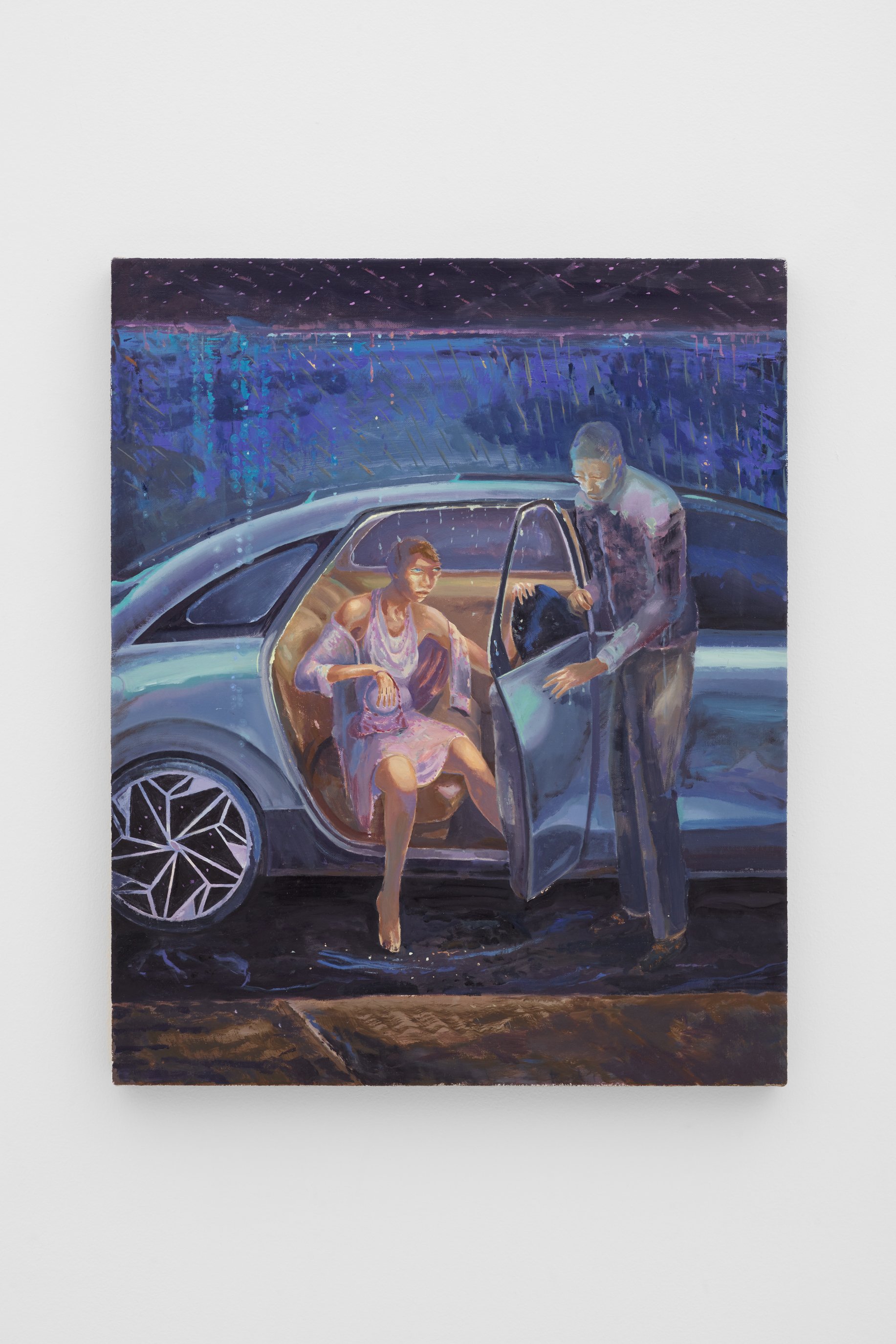 Aaron Gilbert, Hyundai in the rain, 2026. Oil on linen, 22 x 18 in (55.9 x 18 cm)
