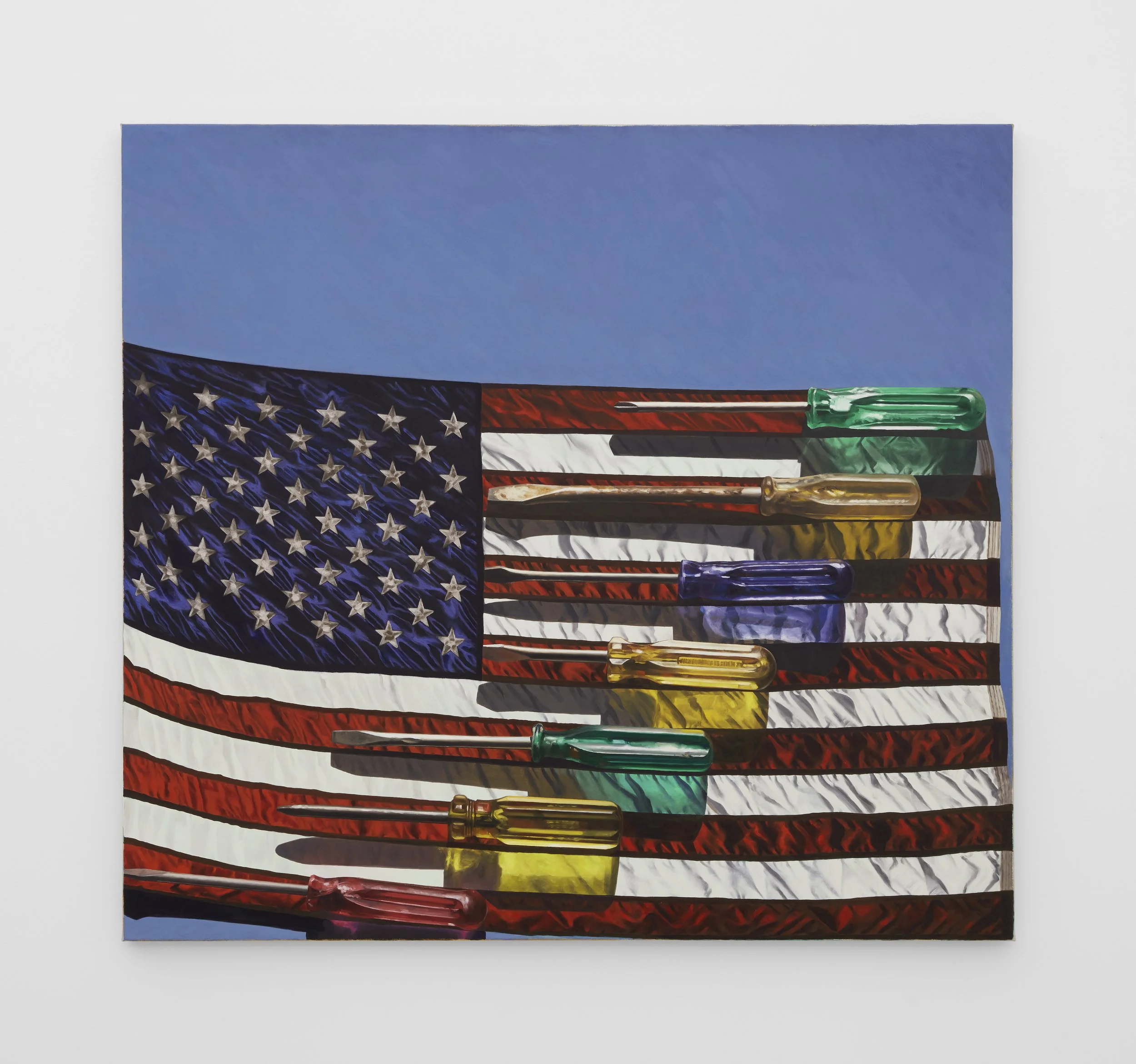 American Flag with Seven Screwdrivers, 2026. Oil on canvas, 47 x 43 in (109.2 x 119.3 cm)