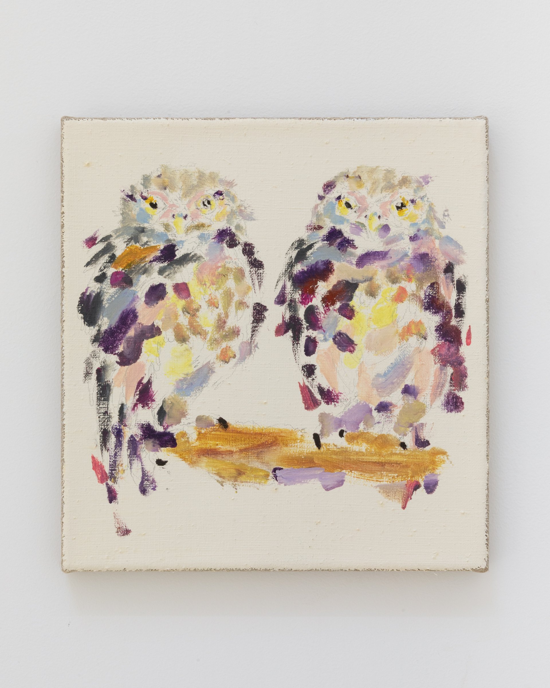 Laura Larraz, Two Little Owls Looking, 2024. Oil and pencil on oil ground on linen, 12 1/4 x 11 3/8 in (31 x 29 cm)